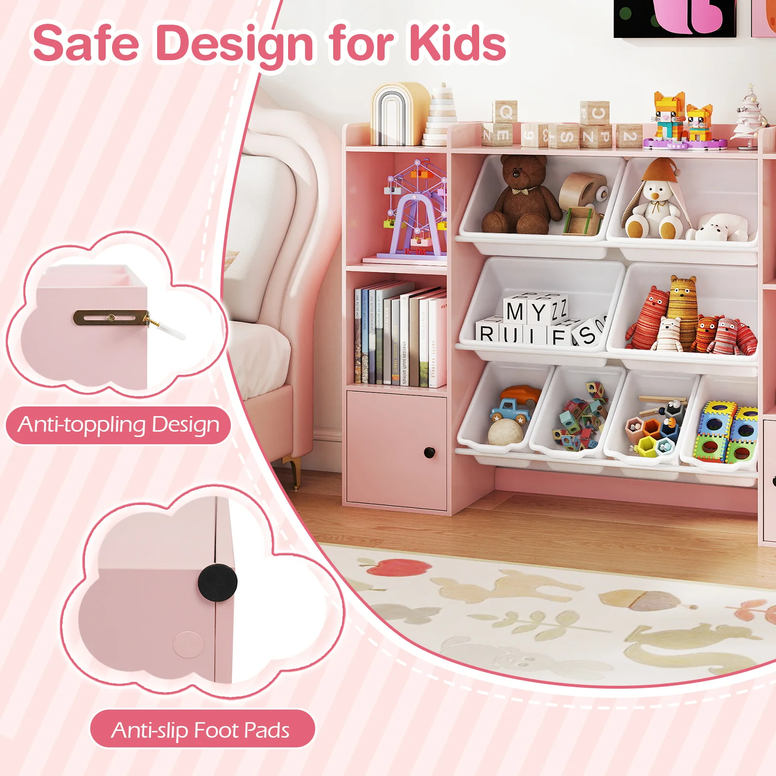 Kids Toy Storage Bookshelf With Boxes, Pink - Image 9
