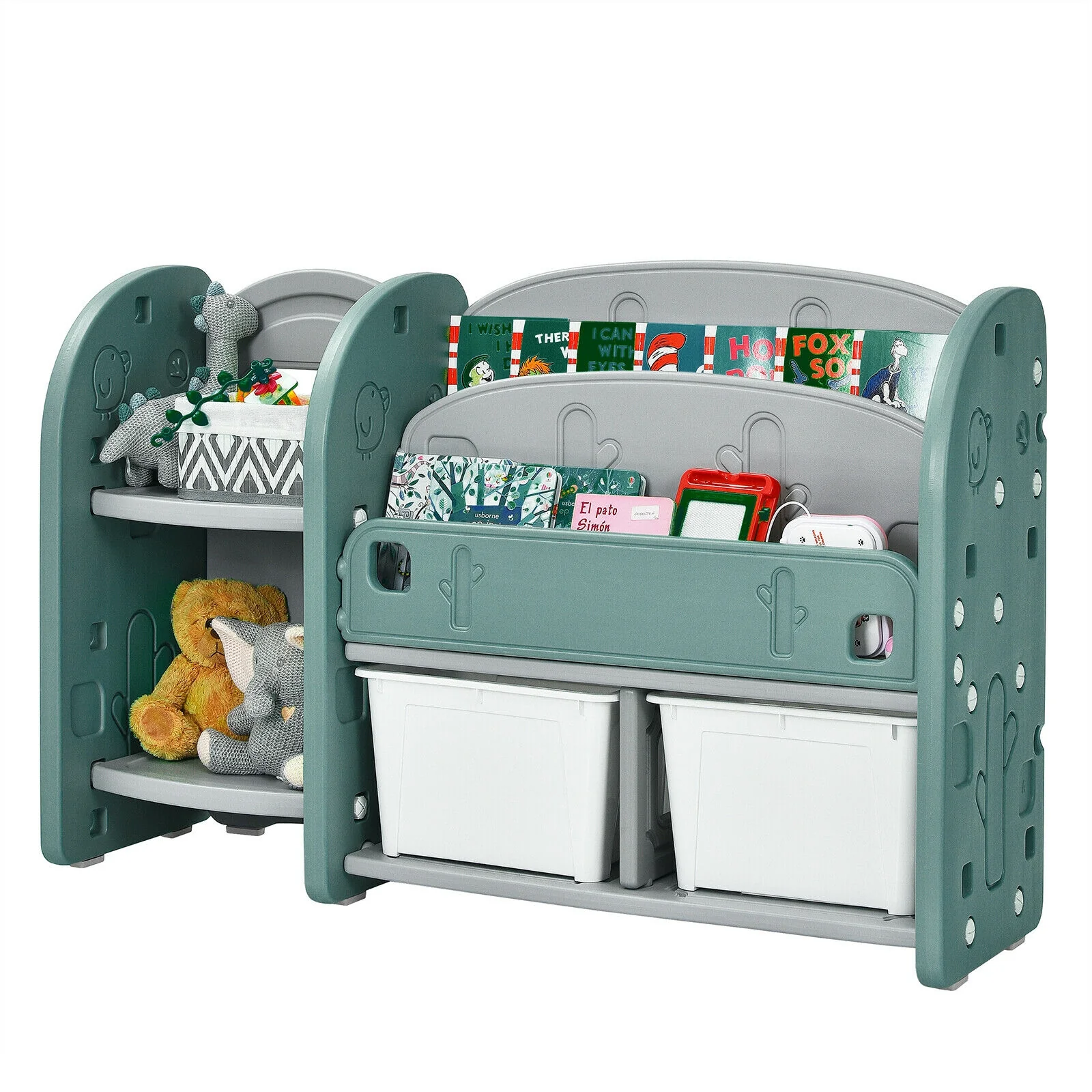 Kids Toy Storage Organizer, 2-Tier Bookshelf, Plastic Bins, Green