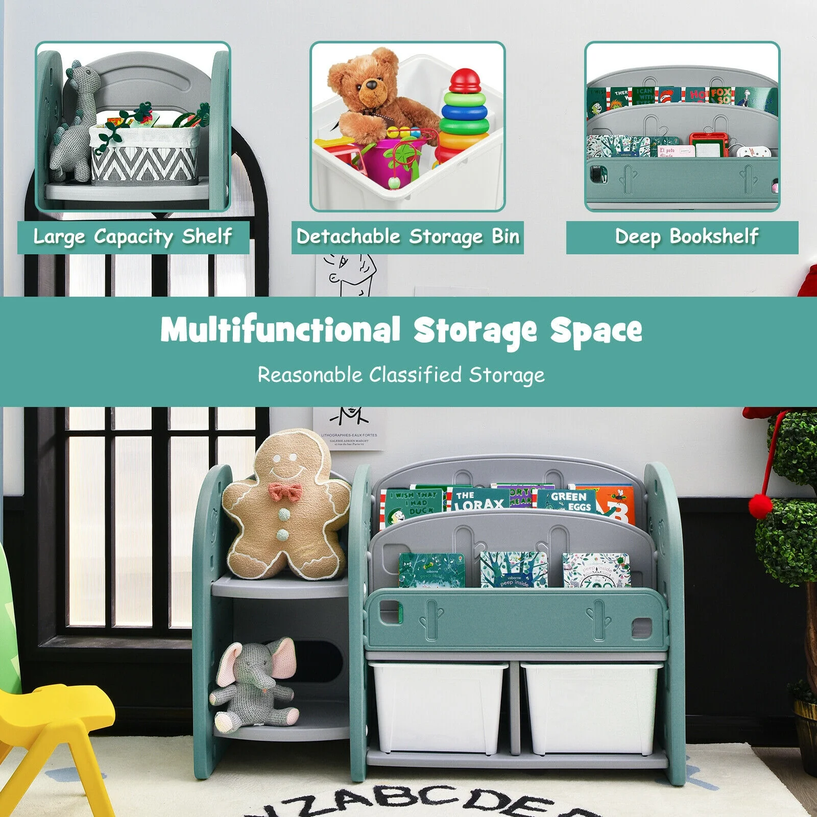 Kids Toy Storage Organizer, 2-Tier Bookshelf, Plastic Bins, Green - Image 10