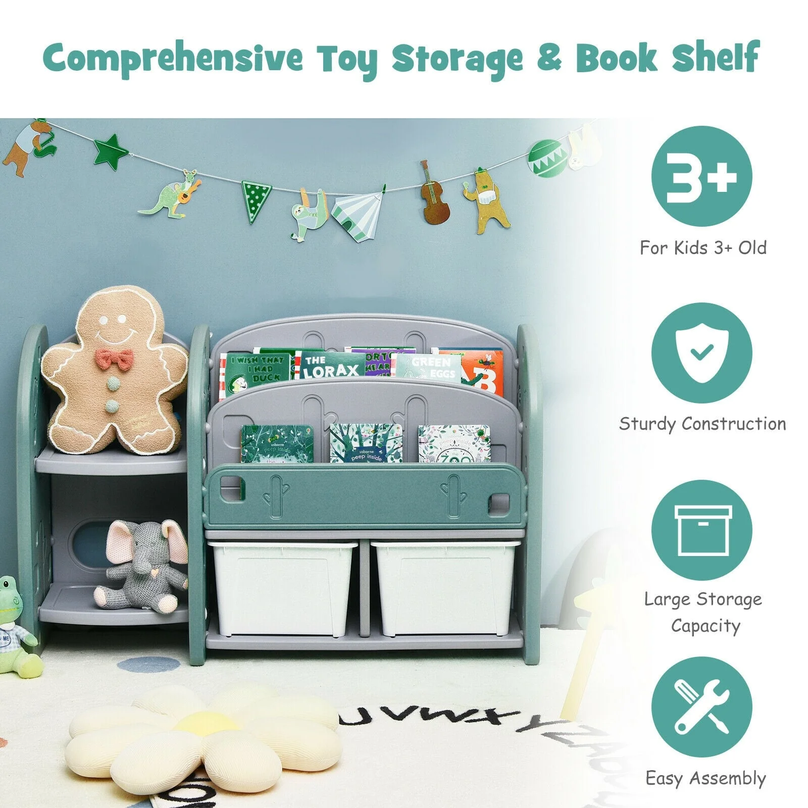 Kids Toy Storage Organizer, 2-Tier Bookshelf, Plastic Bins, Green - Image 3