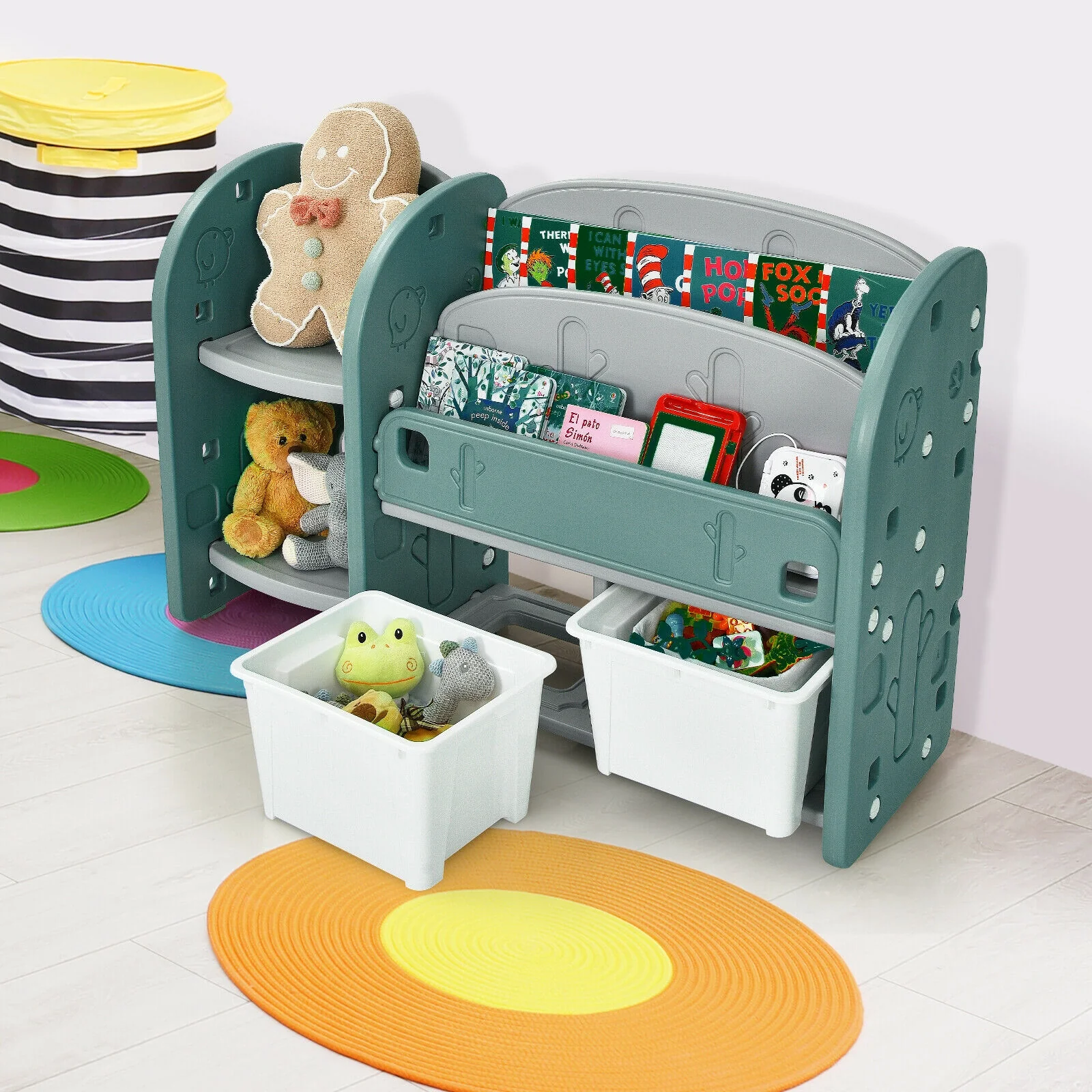 Kids Toy Storage Organizer, 2-Tier Bookshelf, Plastic Bins, Green - Image 7