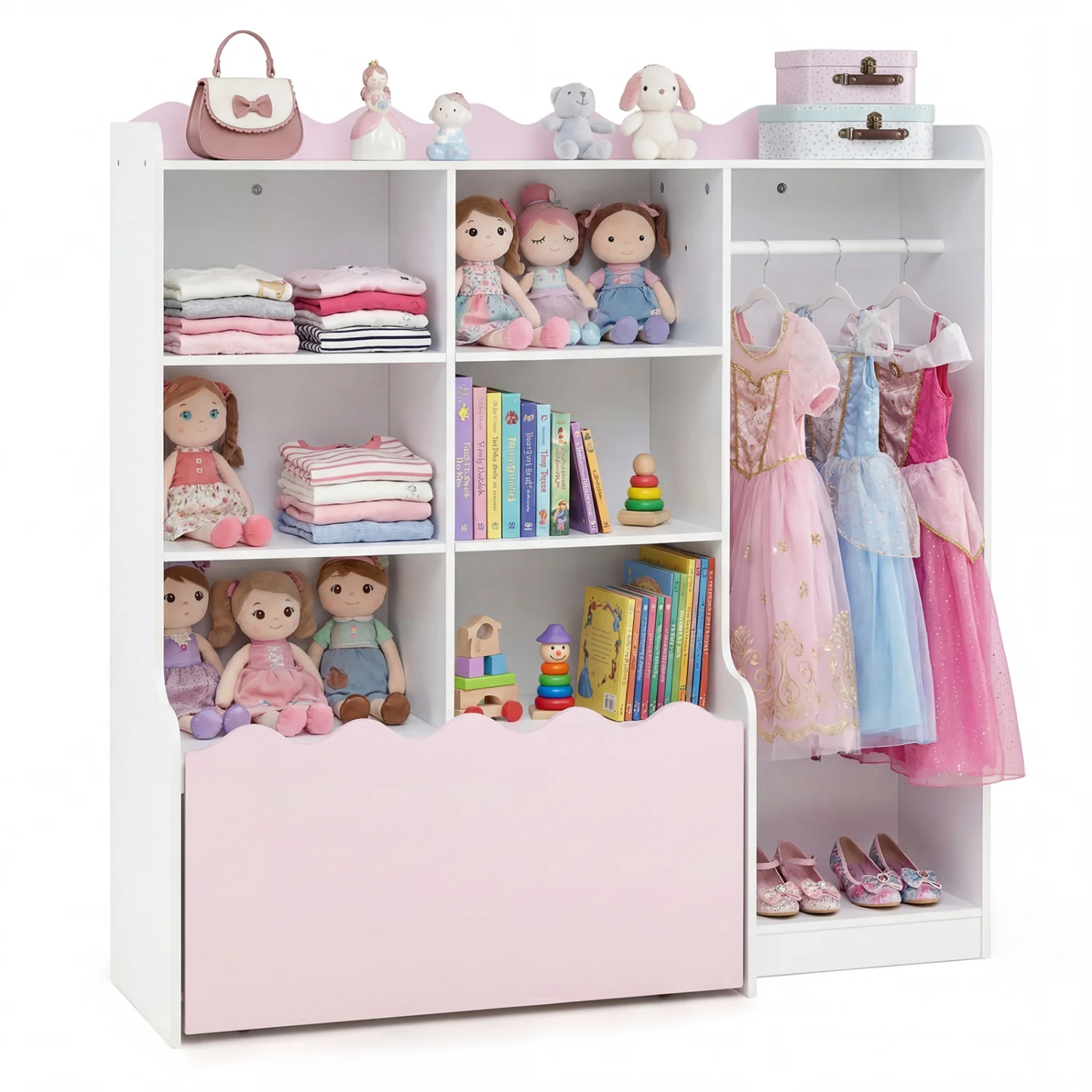 Kids Toy Storage Organizer, Dress Up Closet Wardrobe With Clothing Rack, Pink