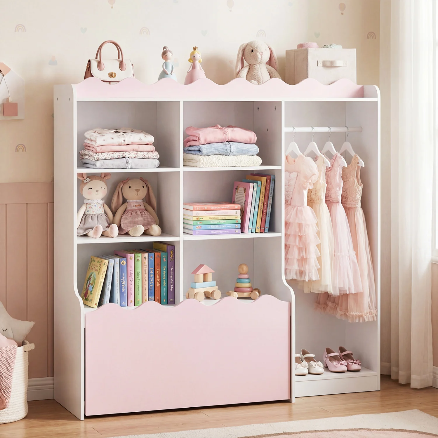 Kids Toy Storage Organizer, Dress Up Closet Wardrobe With Clothing Rack, Pink - Image 2