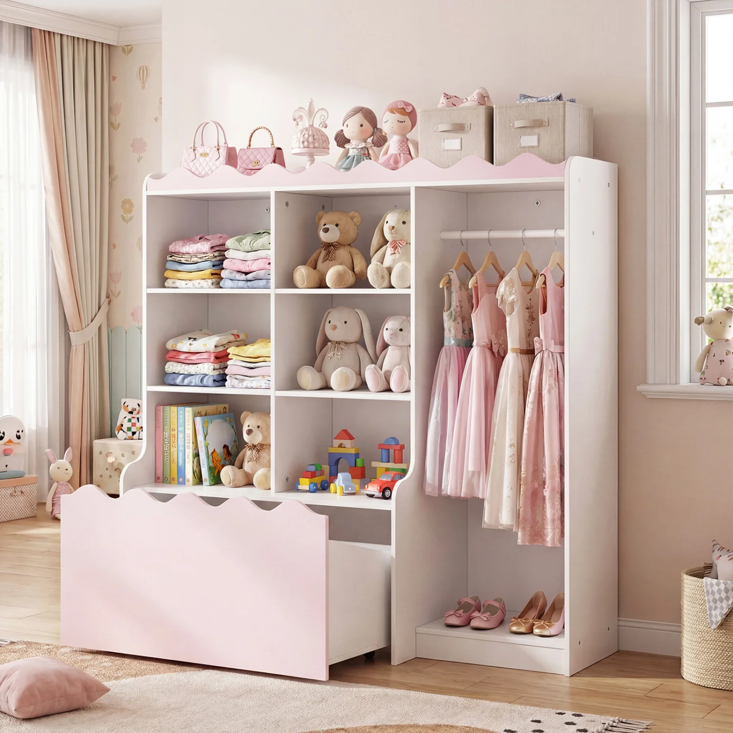 Kids Toy Storage Organizer, Dress Up Closet Wardrobe With Clothing Rack, Pink - Image 3