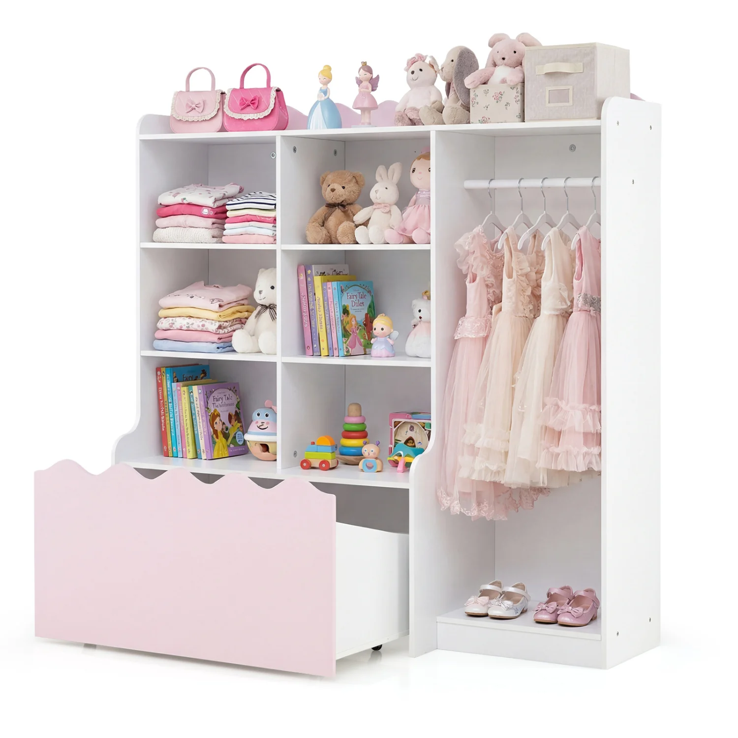 Kids Toy Storage Organizer, Dress Up Closet Wardrobe With Clothing Rack, Pink - Image 4