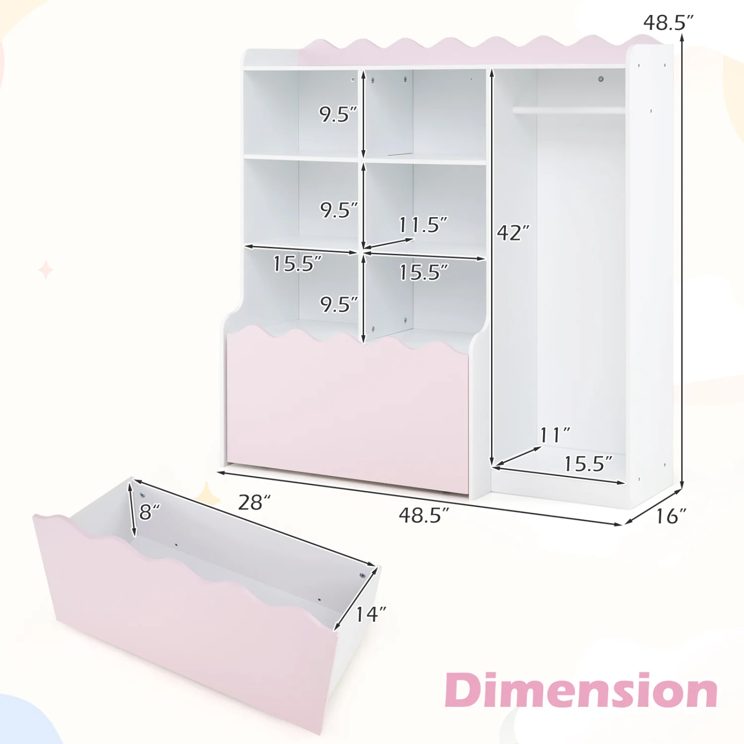 Kids Toy Storage Organizer, Dress Up Closet Wardrobe With Clothing Rack, Pink - Image 5