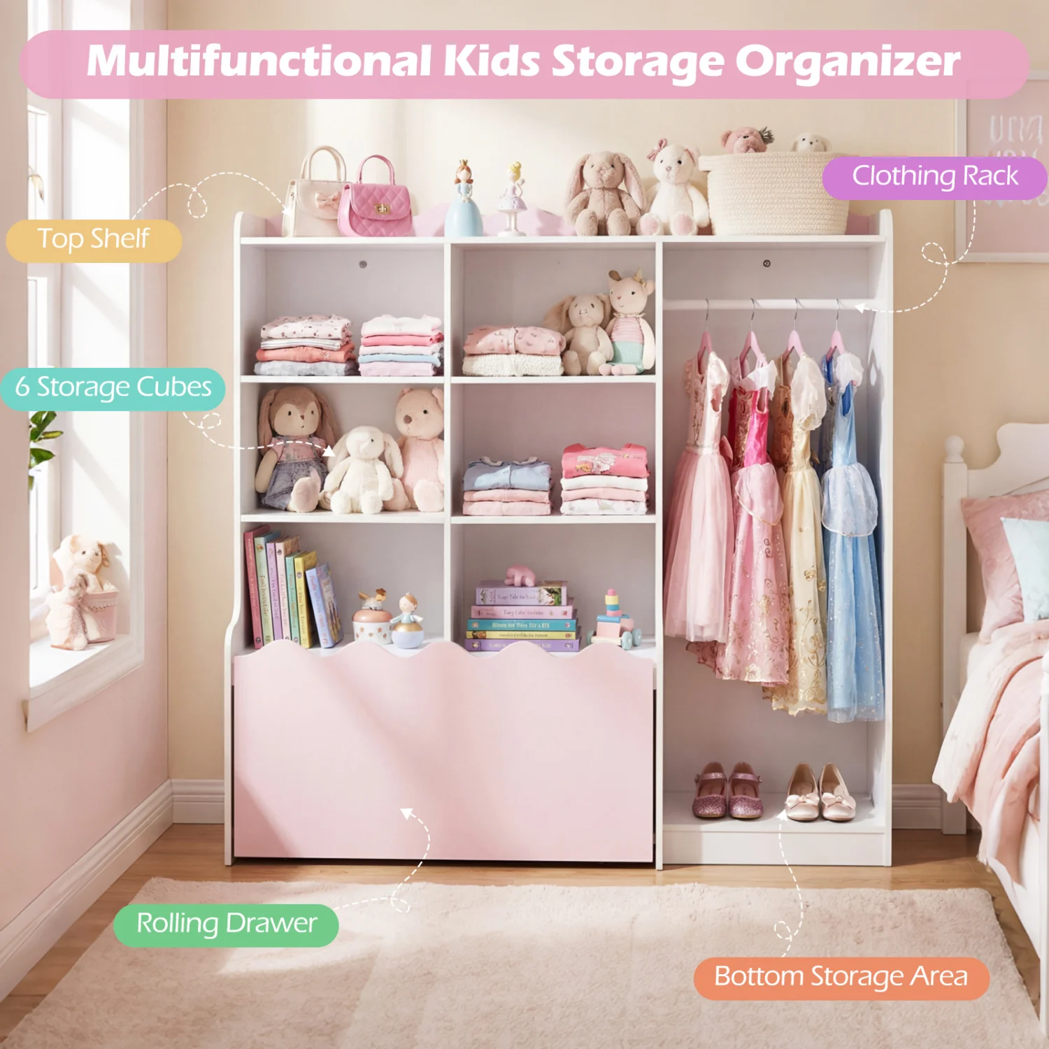 Kids Toy Storage Organizer, Dress Up Closet Wardrobe With Clothing Rack, Pink - Image 7