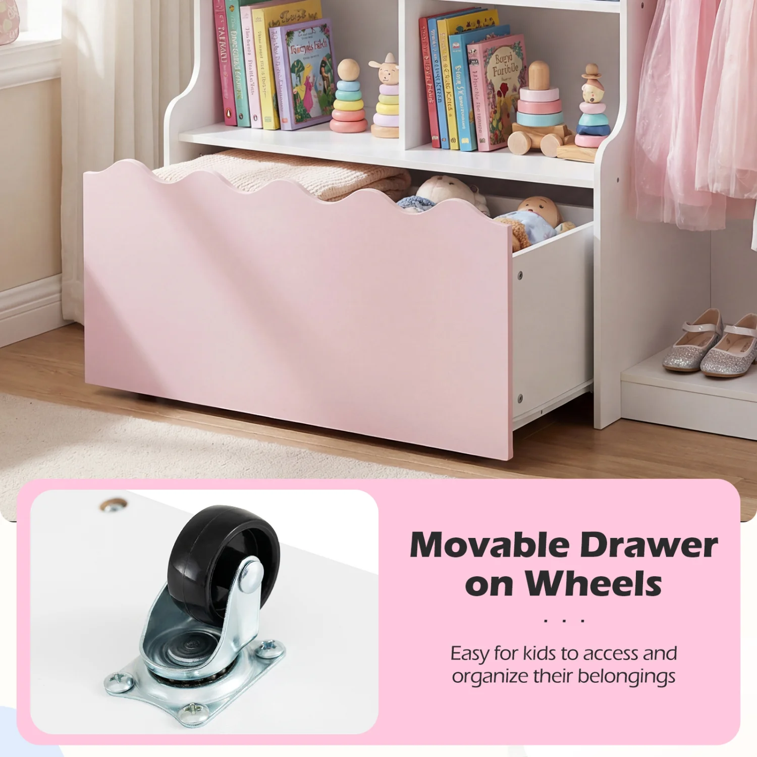 Kids Toy Storage Organizer, Dress Up Closet Wardrobe With Clothing Rack, Pink - Image 8