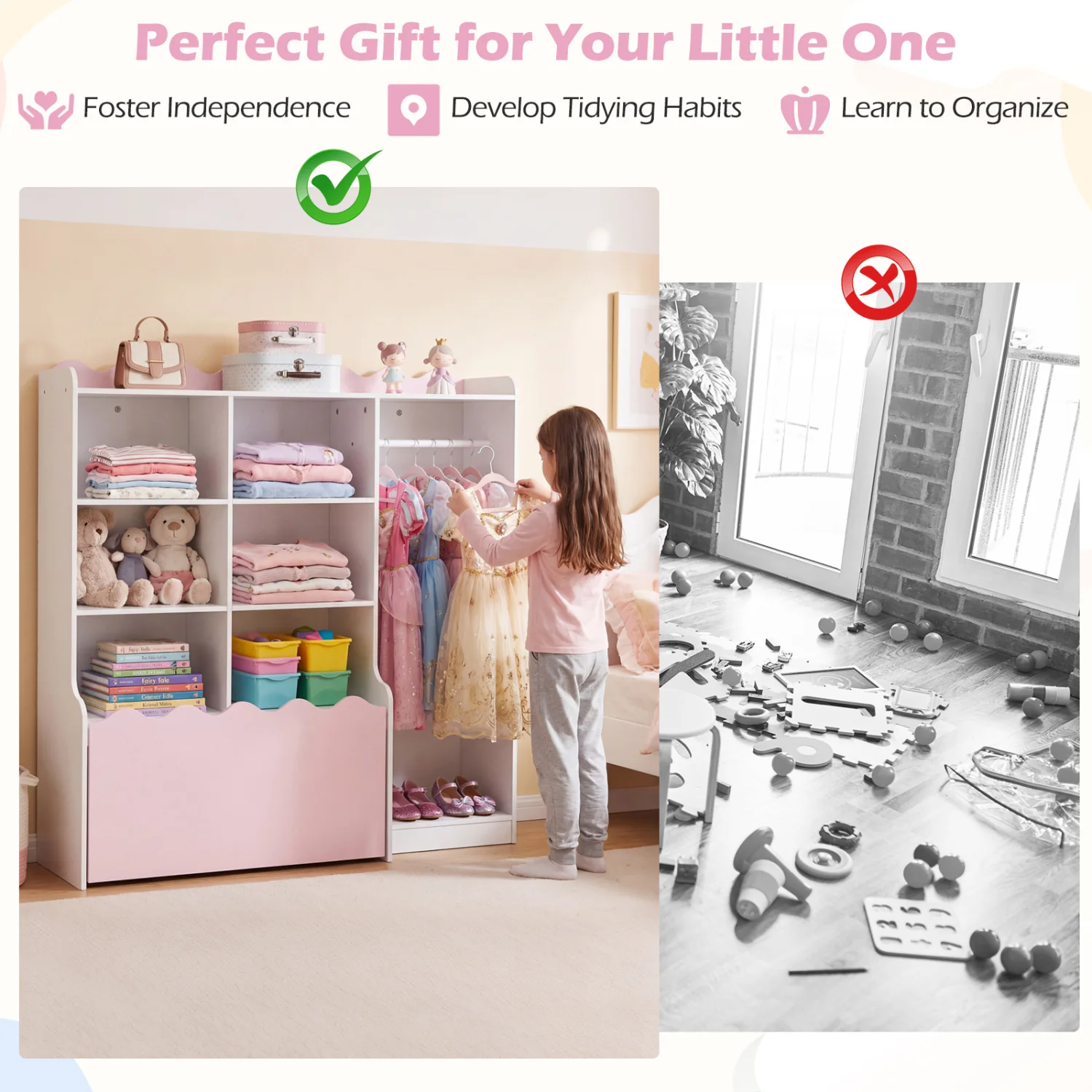 Kids Toy Storage Organizer, Dress Up Closet Wardrobe With Clothing Rack, Pink - Image 9