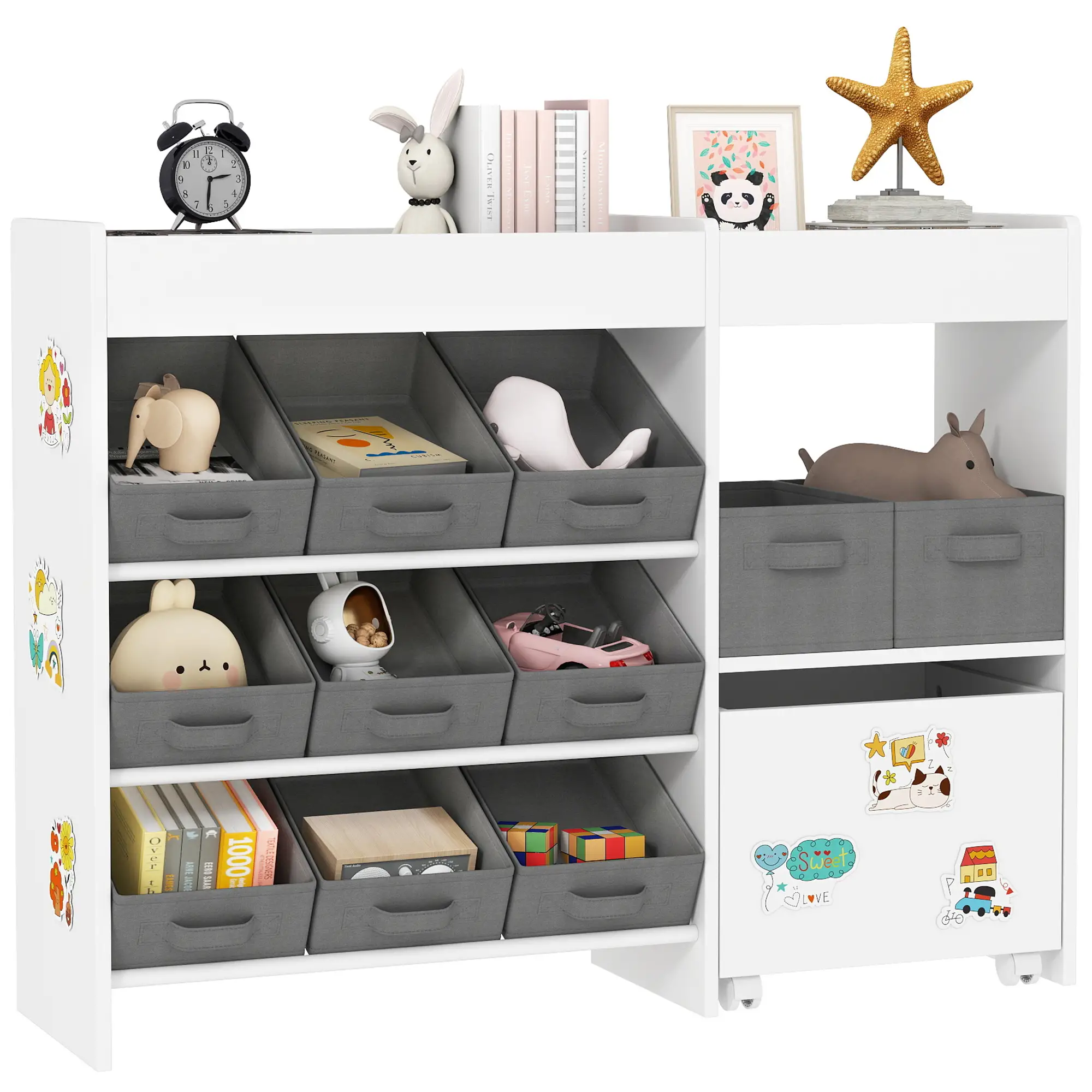 Kids Toy Storage Organizer with 11 Bins, Moveable Cabinet, Top Shelves, 3 Stickers, for Nursery, Playroom, White - Image 11