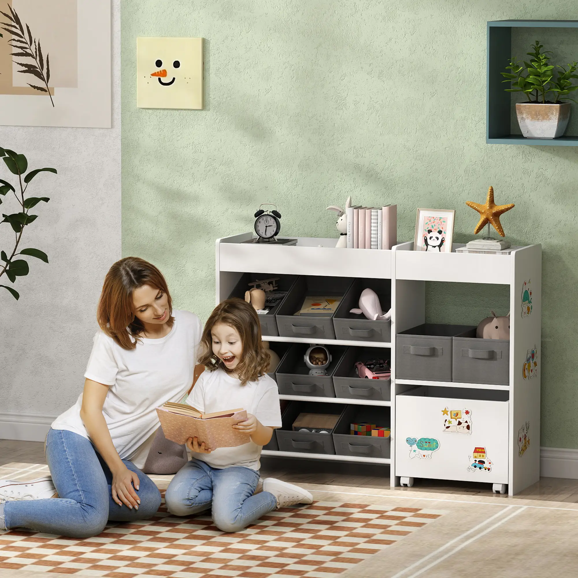 Kids Toy Storage Organizer with 11 Bins, Moveable Cabinet, Top Shelves, 3 Stickers, for Nursery, Playroom, White - Image 2