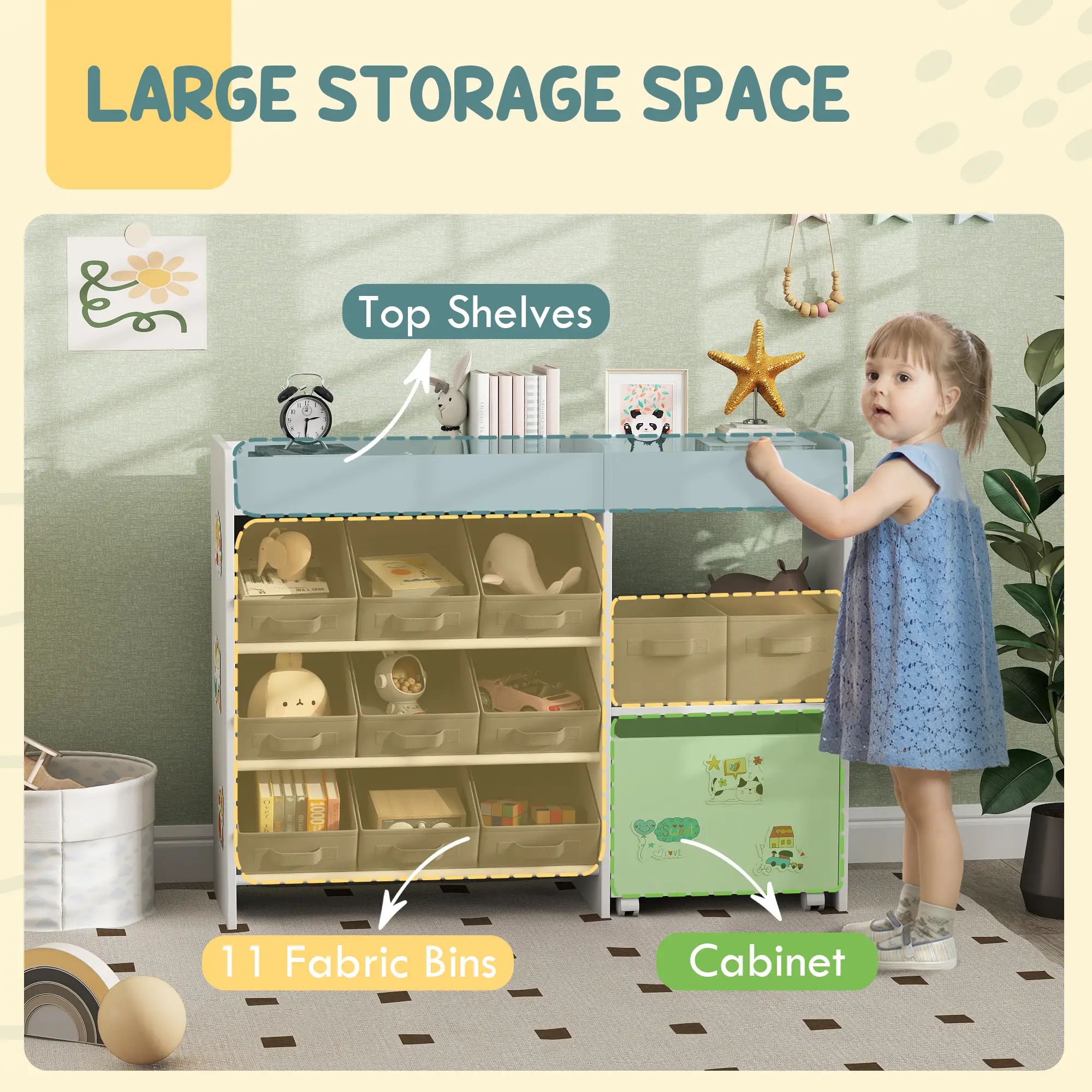 Kids Toy Storage Organizer with 11 Bins, Moveable Cabinet, Top Shelves, 3 Stickers, for Nursery, Playroom, White - Image 4