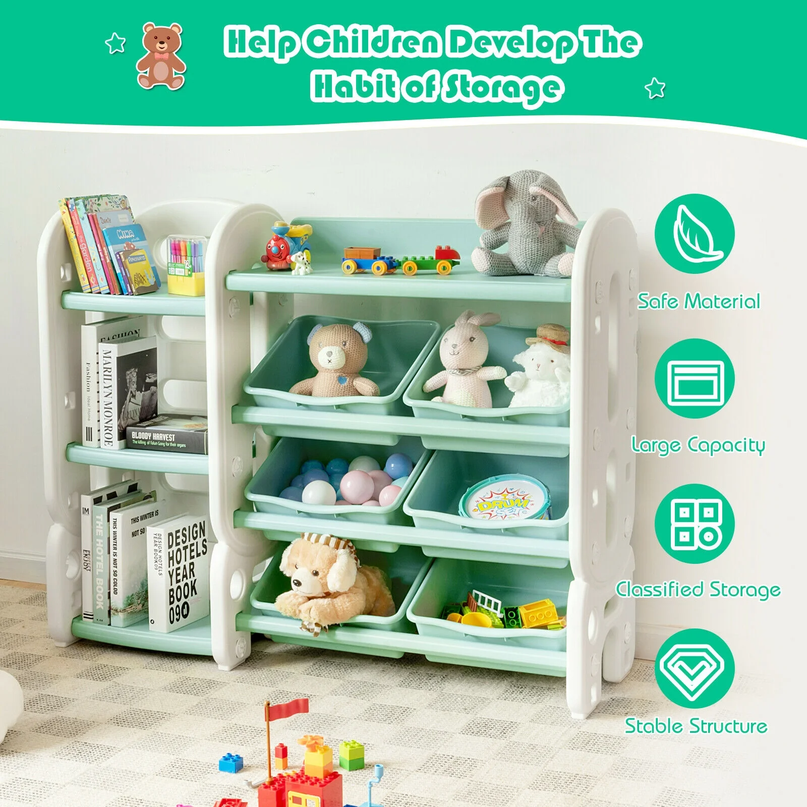 Kids Toy Storage Organizer With Bins, Multi-Layer Shelf, Green - Image 3