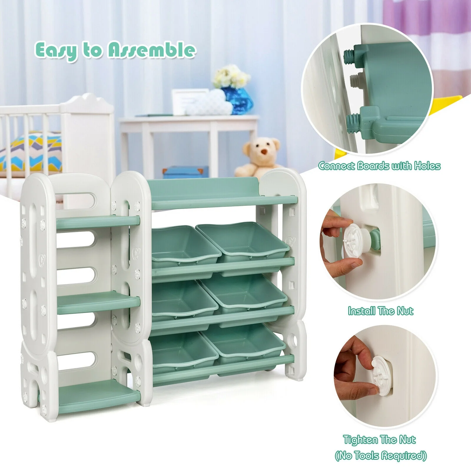 Kids Toy Storage Organizer With Bins, Multi-Layer Shelf, Green - Image 6