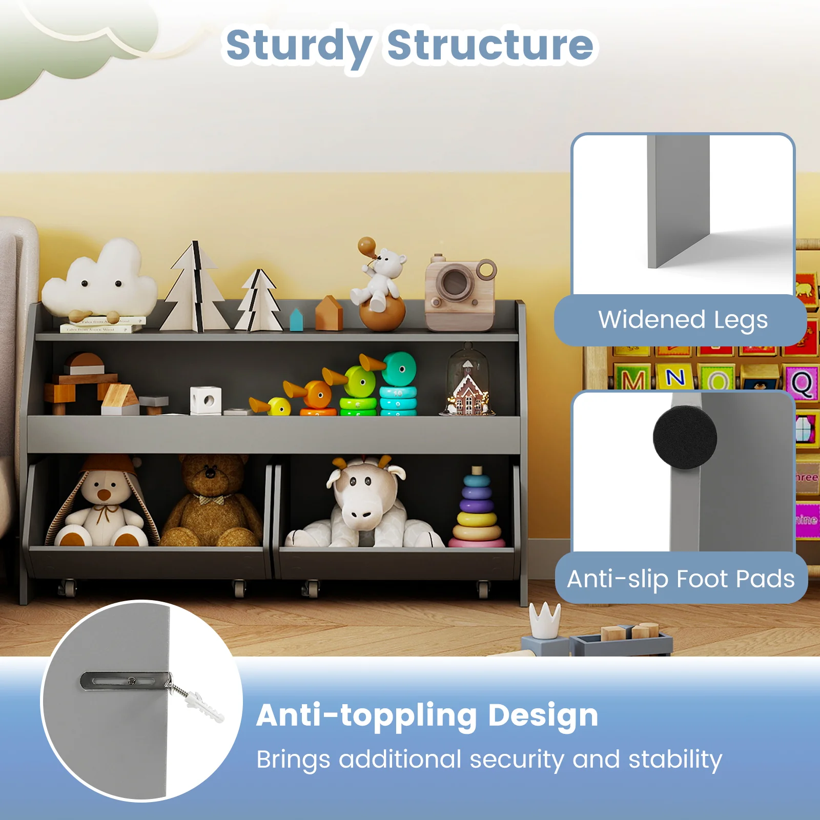 Kids Toy Storage Organizer Wooden Bookcase with 2 Movable Drawers, Gray - Image 10