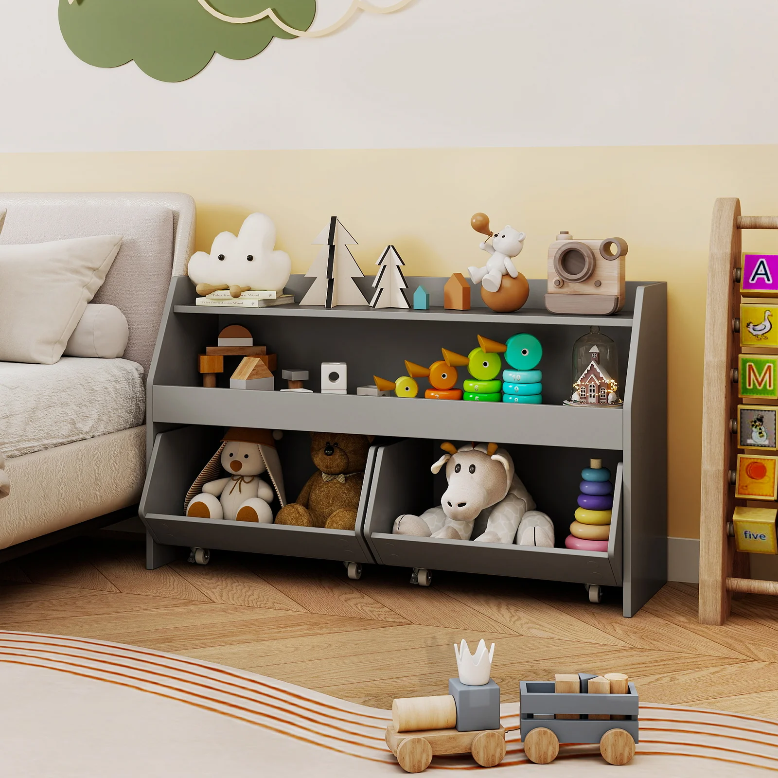 Kids Toy Storage Organizer Wooden Bookcase with 2 Movable Drawers, Gray - Image 2