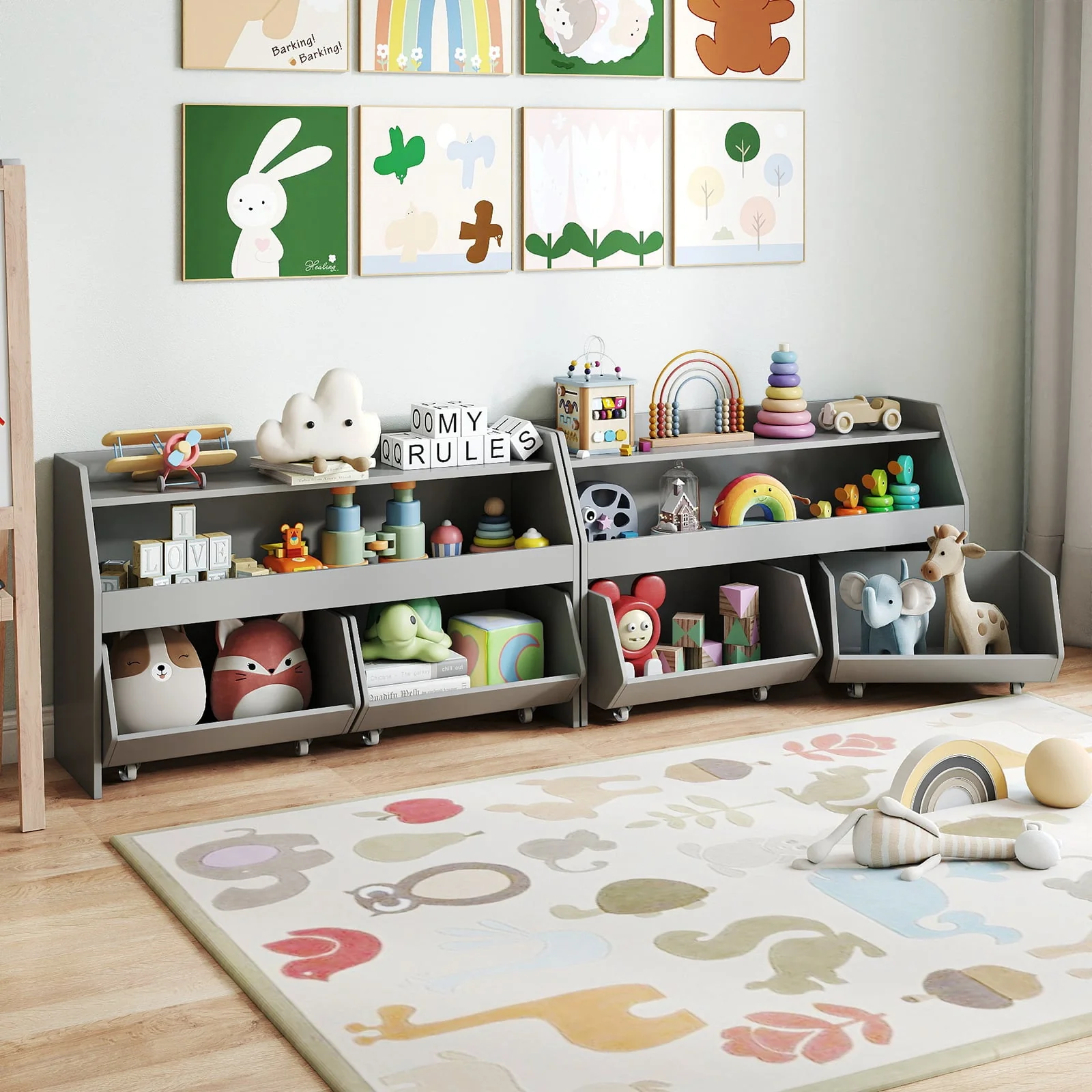 Kids Toy Storage Organizer Wooden Bookcase with 2 Movable Drawers, Gray - Image 3