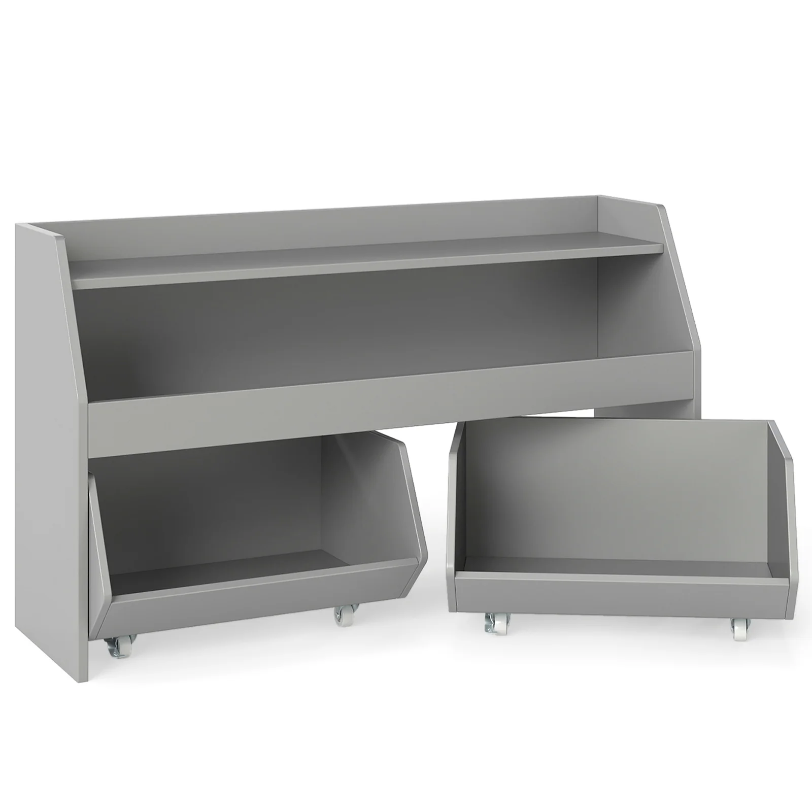 Kids Toy Storage Organizer Wooden Bookcase with 2 Movable Drawers, Gray - Image 4