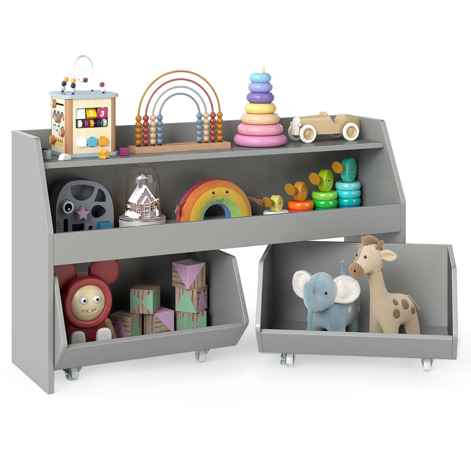 Kids Toy Storage Organizer Wooden Bookcase with 2 Movable Drawers, Gray - Image 5