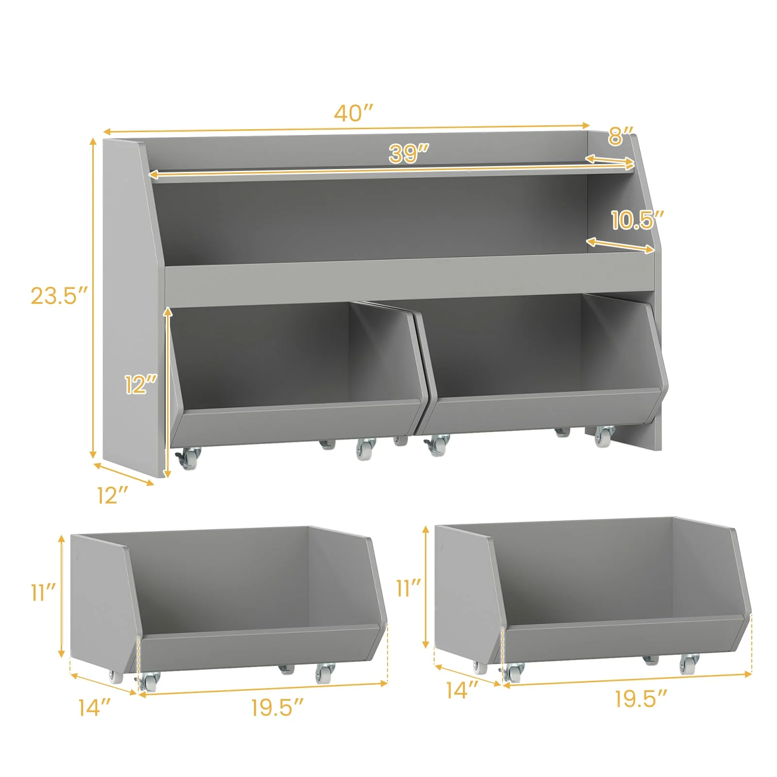 Kids Toy Storage Organizer Wooden Bookcase with 2 Movable Drawers, Gray - Image 6