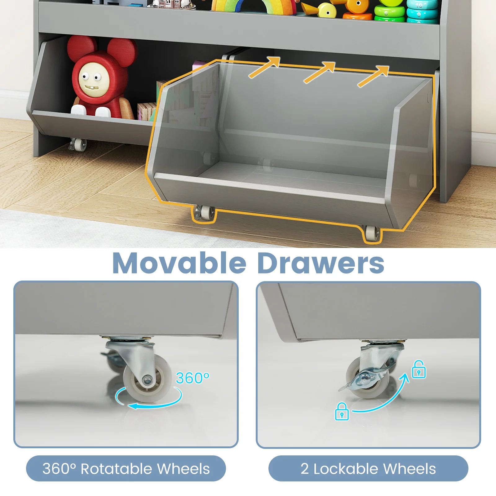 Kids Toy Storage Organizer Wooden Bookcase with 2 Movable Drawers, Gray - Image 8