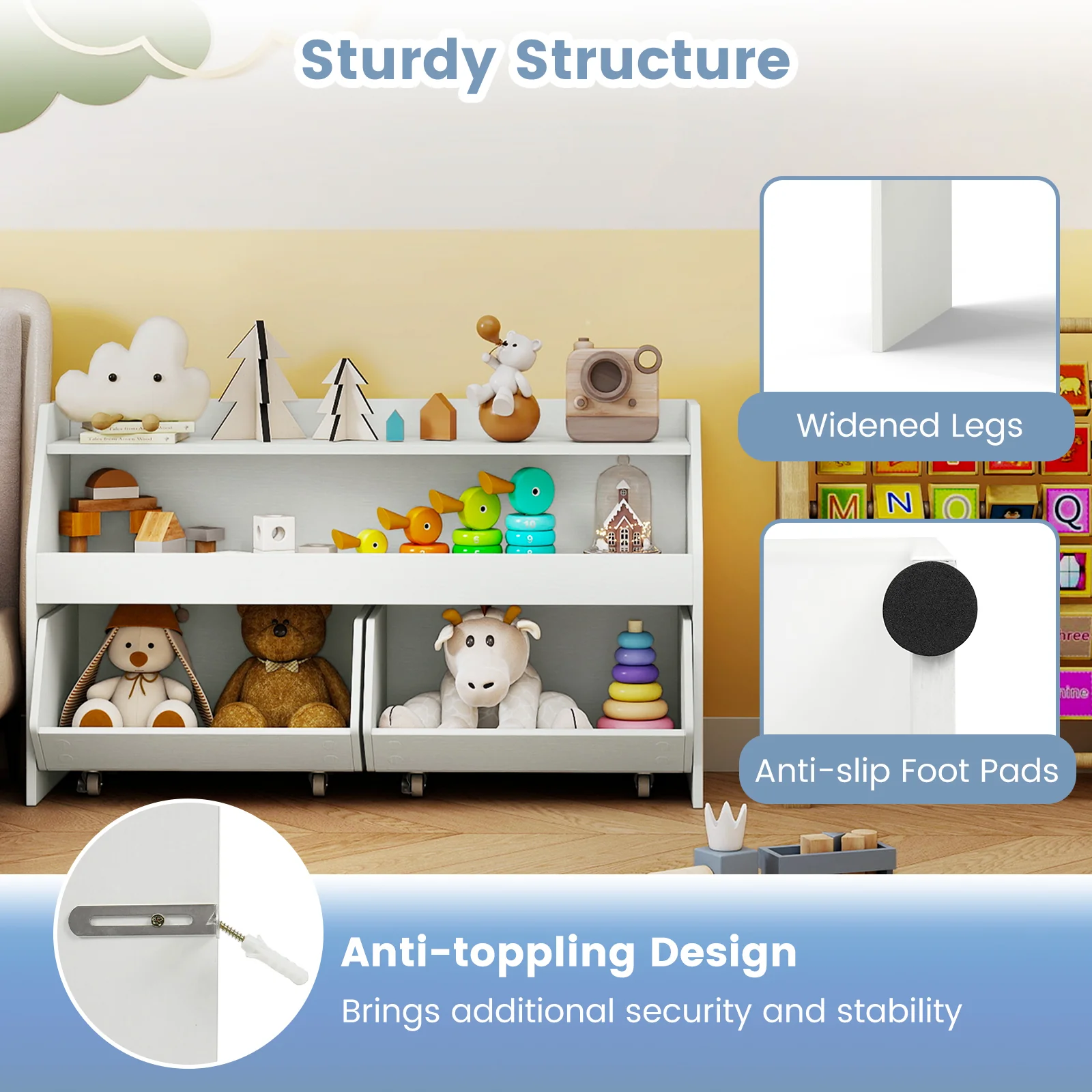 Kids Toy Storage Organizer Wooden Bookcase with 2 Movable Drawers, White - Image 10