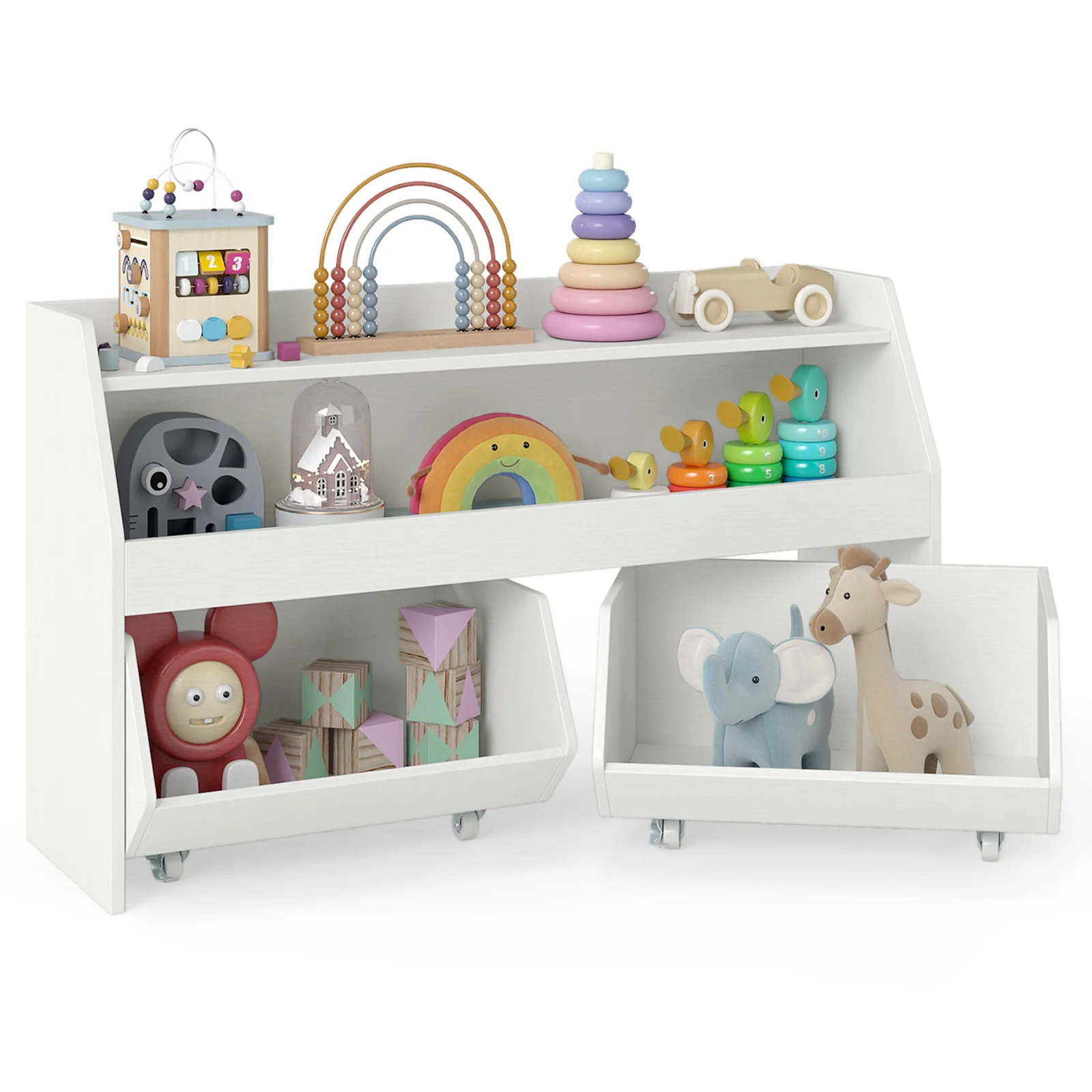 Kids Toy Storage Organizer Wooden Bookcase with 2 Movable Drawers, White - Image 5