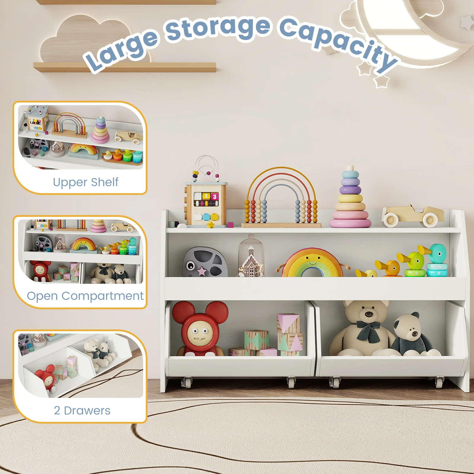 Kids Toy Storage Organizer Wooden Bookcase with 2 Movable Drawers, White - Image 7