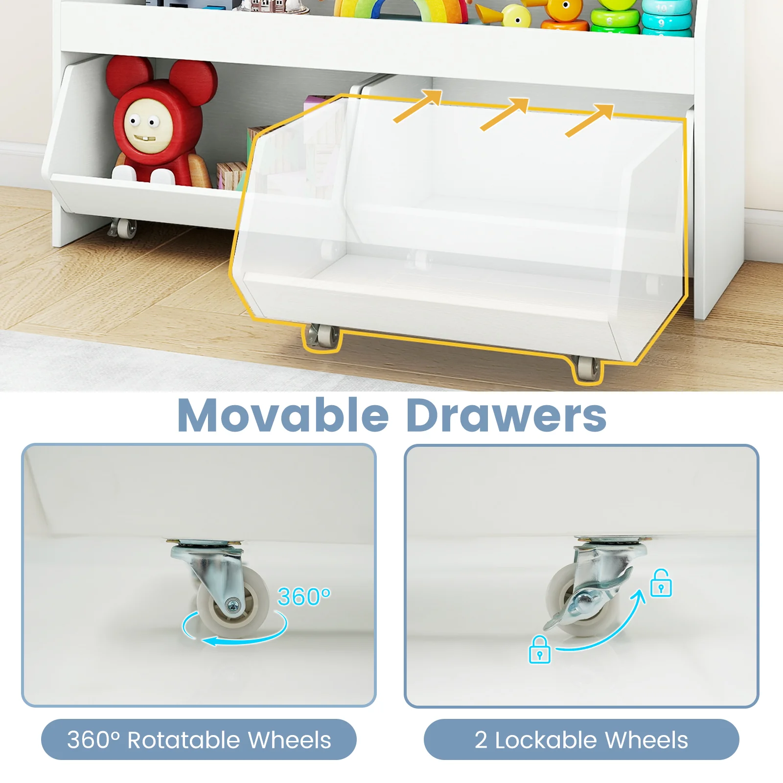 Kids Toy Storage Organizer Wooden Bookcase with 2 Movable Drawers, White - Image 8