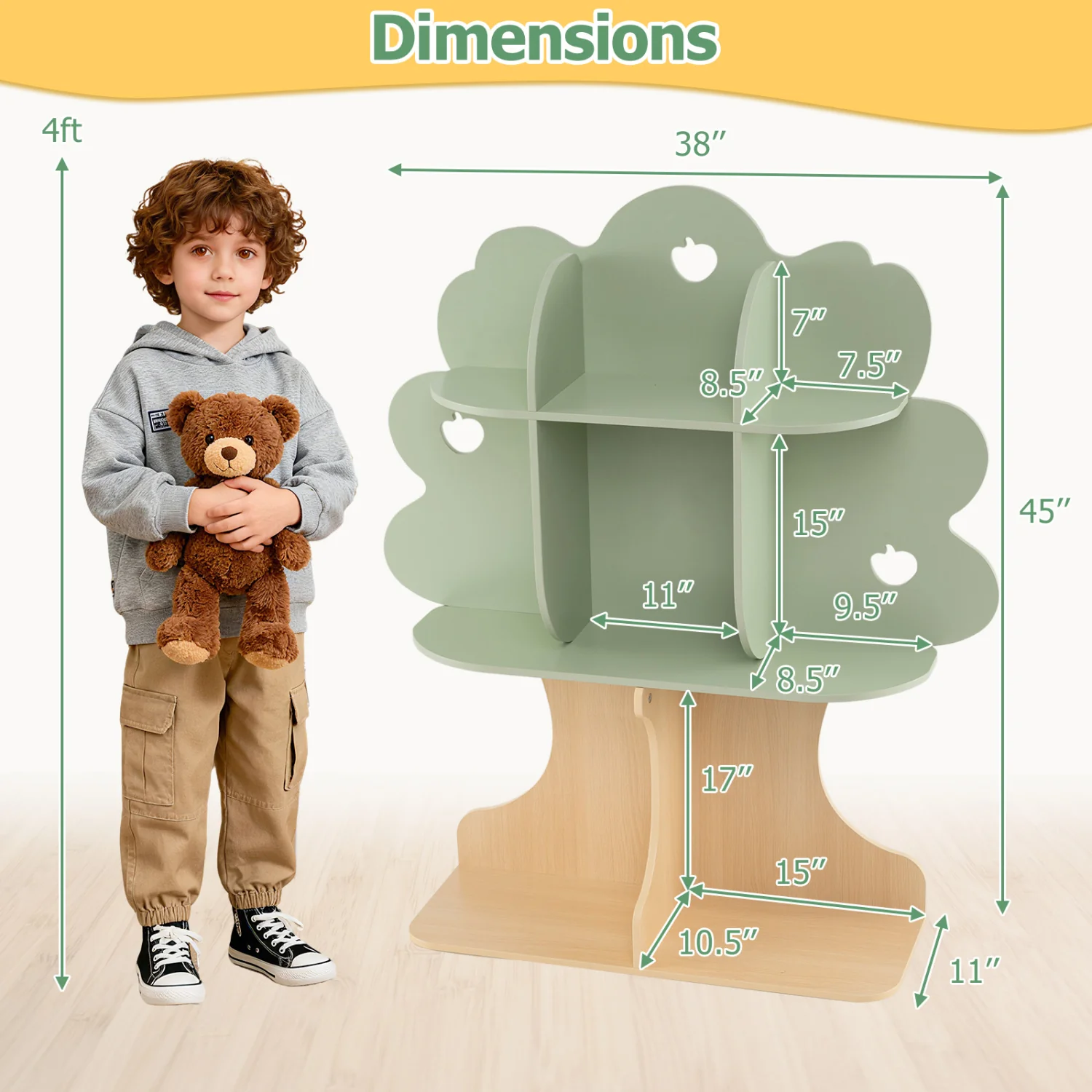 Kids Tree Bookshelf, 45" Tall, Freestanding Bookcase, Green - Image 6