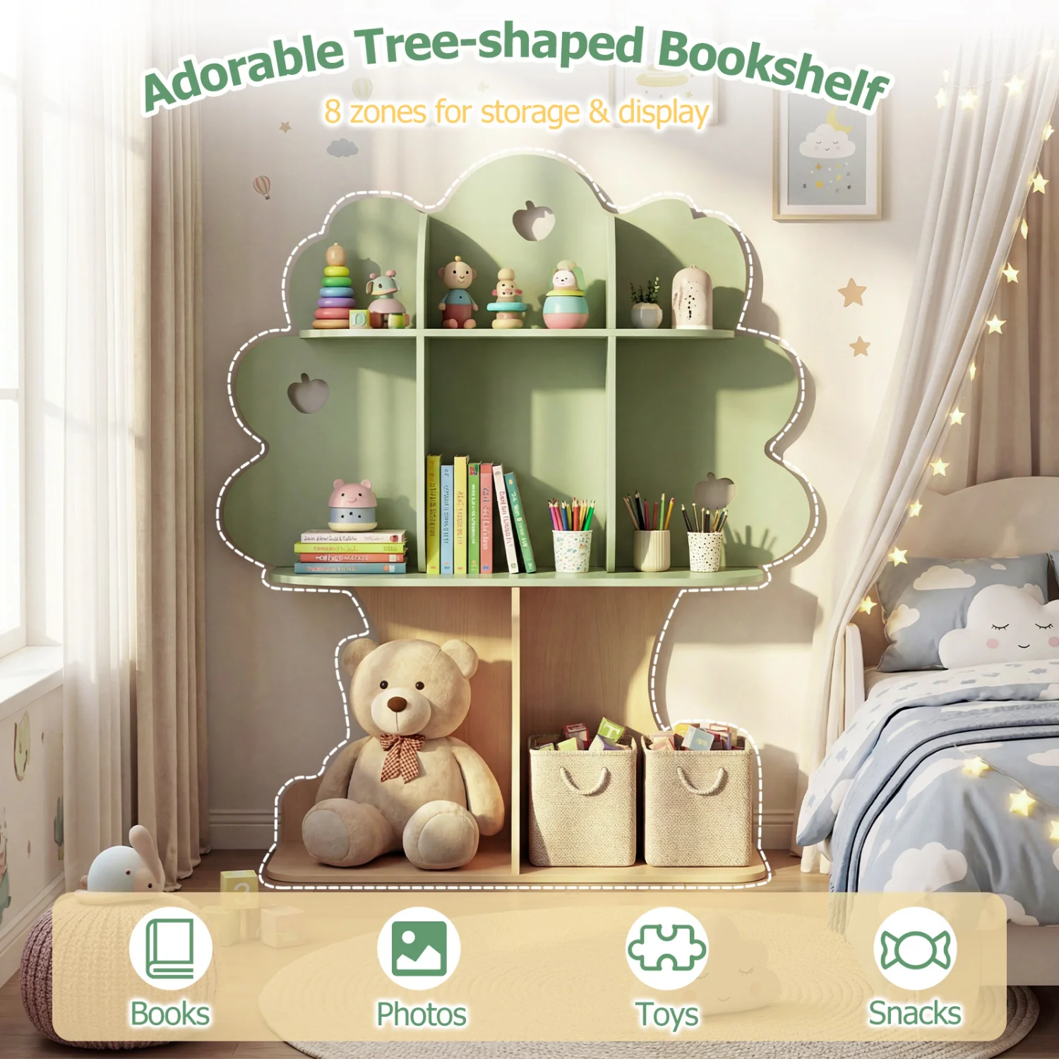 Kids Tree Bookshelf, 45" Tall, Freestanding Bookcase, Green - Image 8