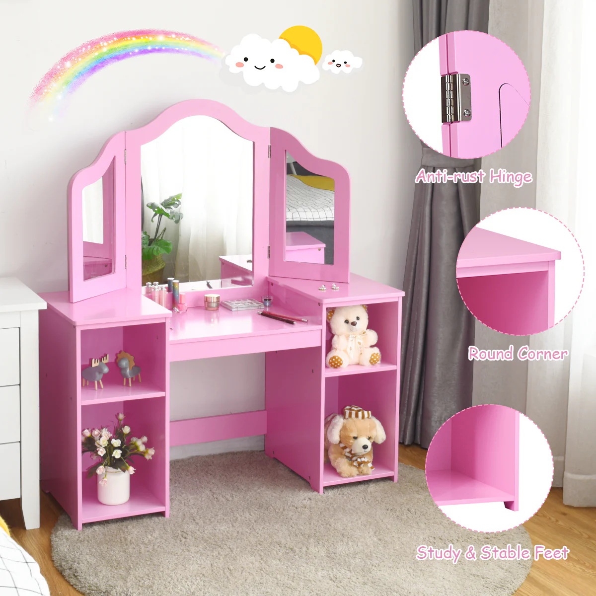 Kids Tri Folding Mirror Makeup Dressing Vanity Table Set, Pink - Image 10