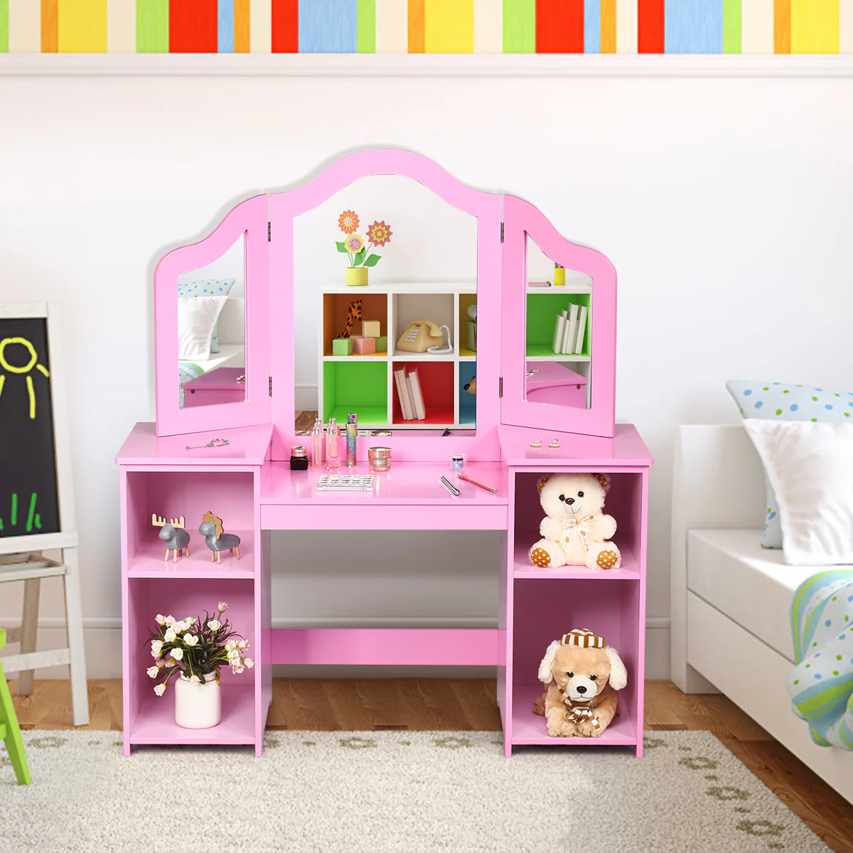 Kids Tri Folding Mirror Makeup Dressing Vanity Table Set, Pink - Image 2