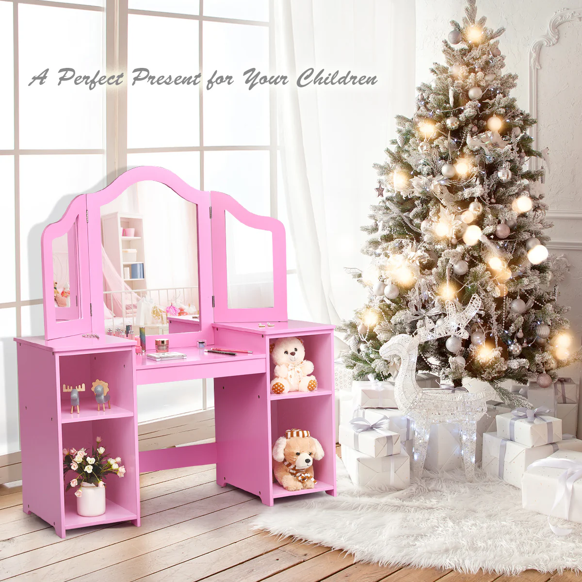 Kids Tri Folding Mirror Makeup Dressing Vanity Table Set, Pink - Image 3