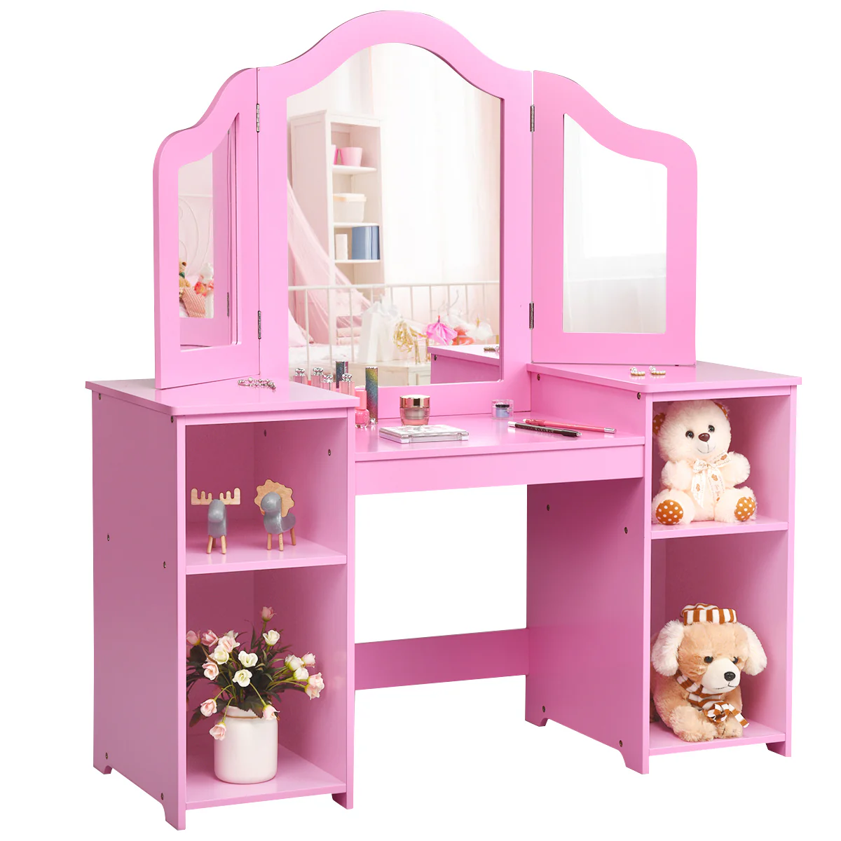 Kids Tri Folding Mirror Makeup Dressing Vanity Table Set, Pink - Image 5
