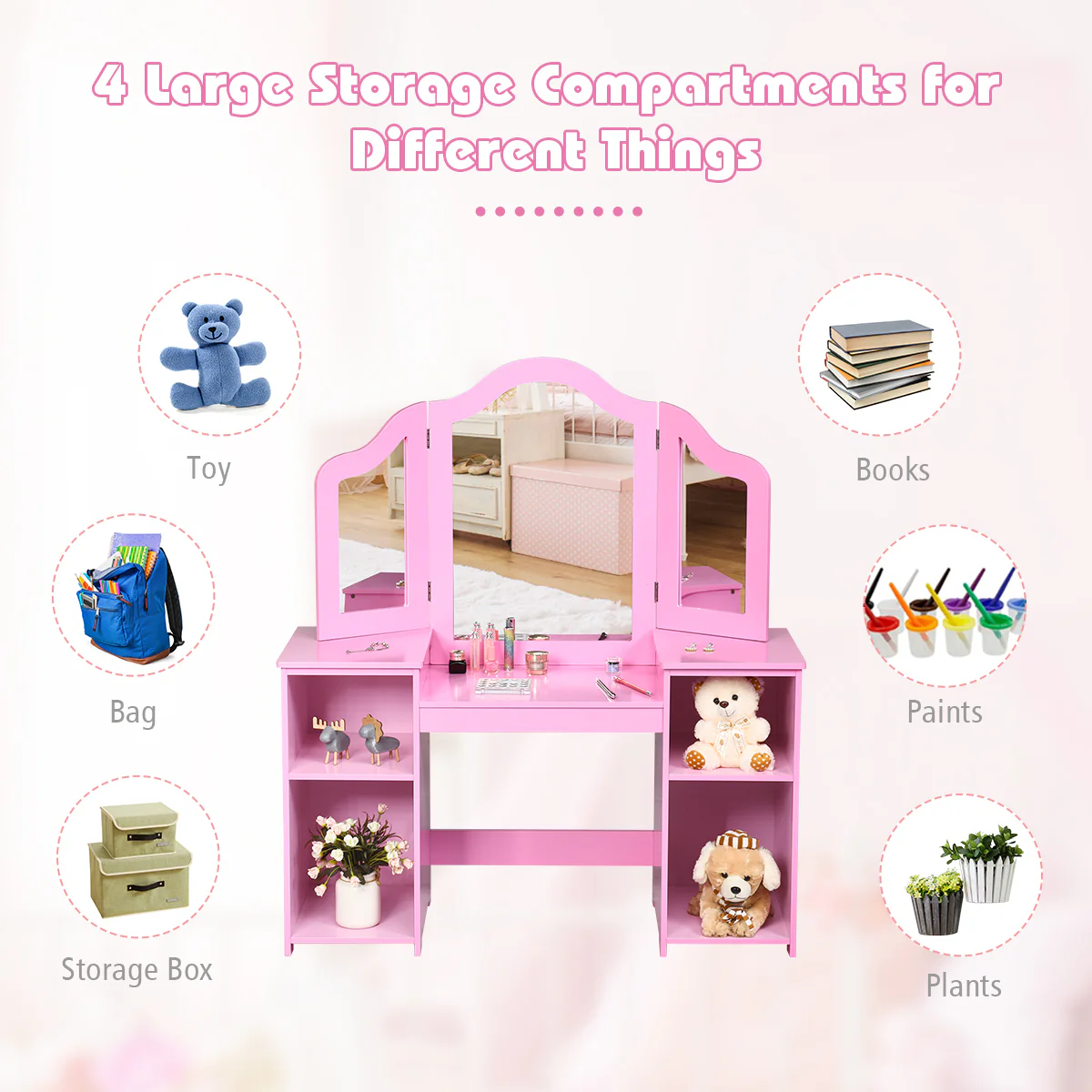 Kids Tri Folding Mirror Makeup Dressing Vanity Table Set, Pink - Image 7