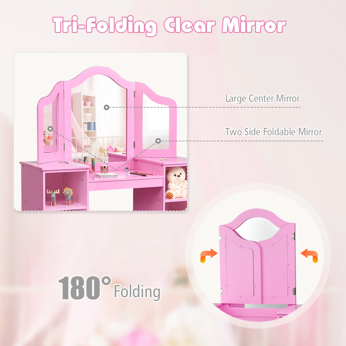 Kids Tri Folding Mirror Makeup Dressing Vanity Table Set, Pink - Image 8