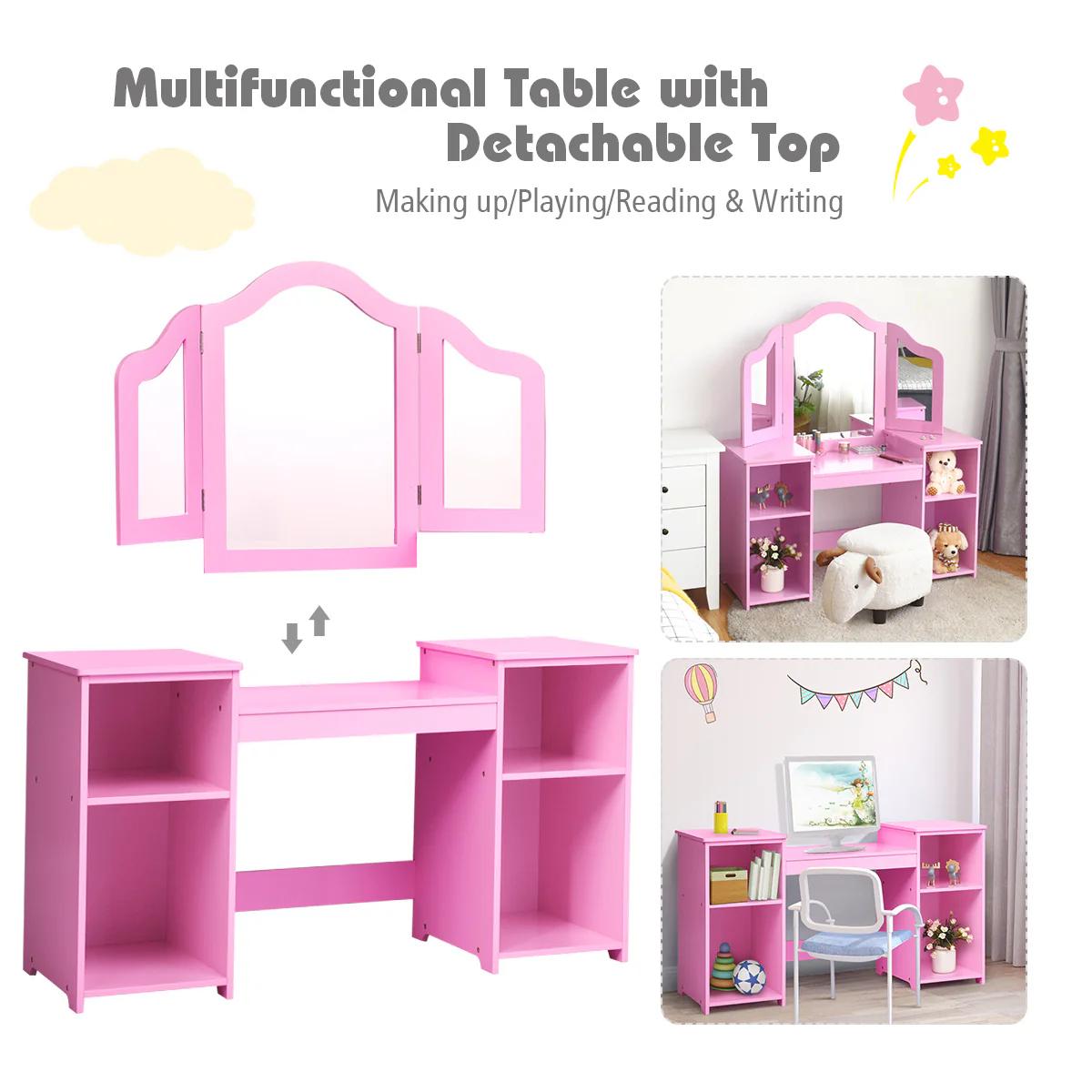 Kids Tri Folding Mirror Makeup Dressing Vanity Table Set, Pink - Image 9