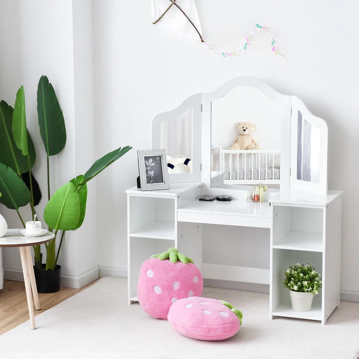 Kids Tri Folding Mirror Makeup Dressing Vanity Table Set, White - Image 2