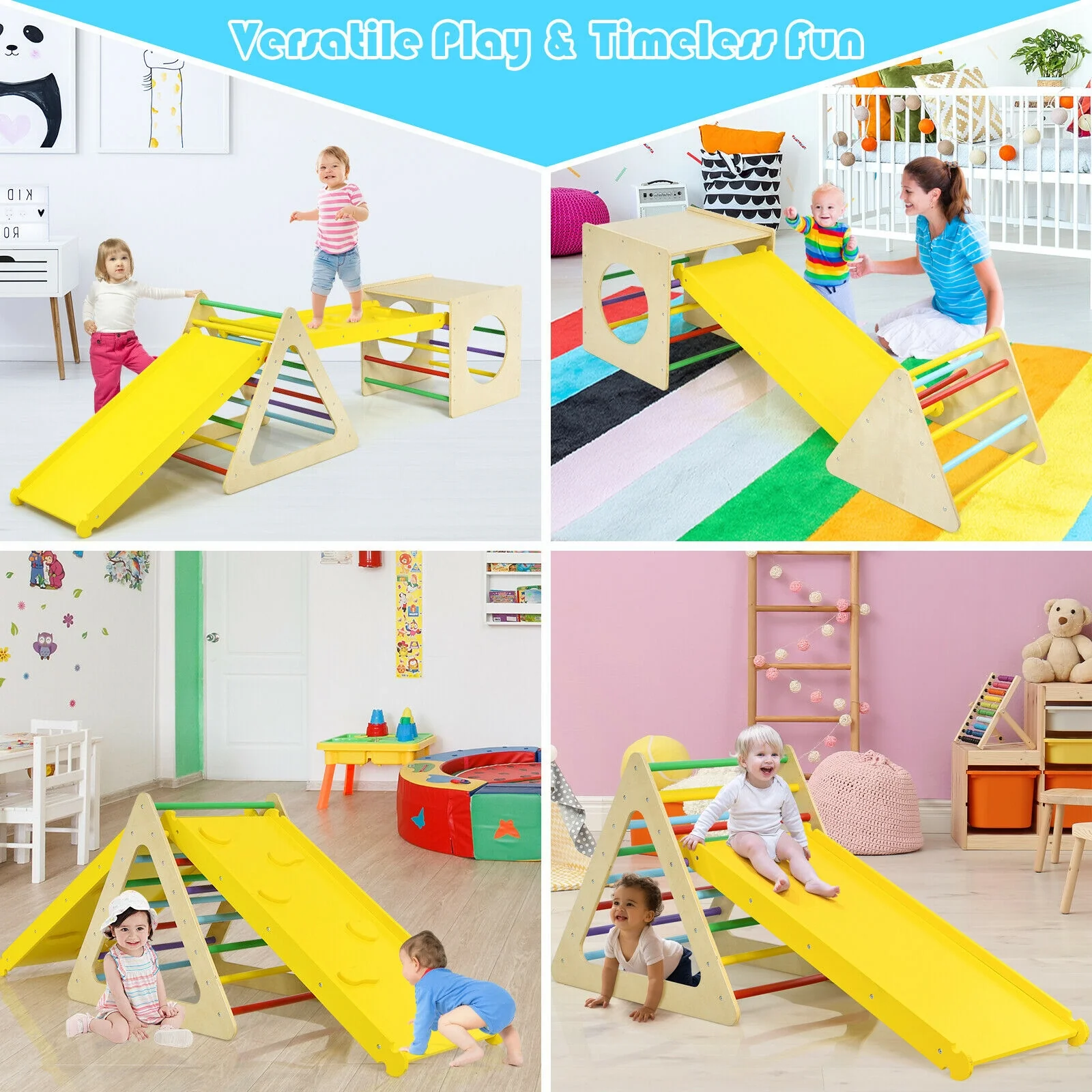 Kids Triangle Climber Play Gym Set, 2 Ramps, Natural - Image 10