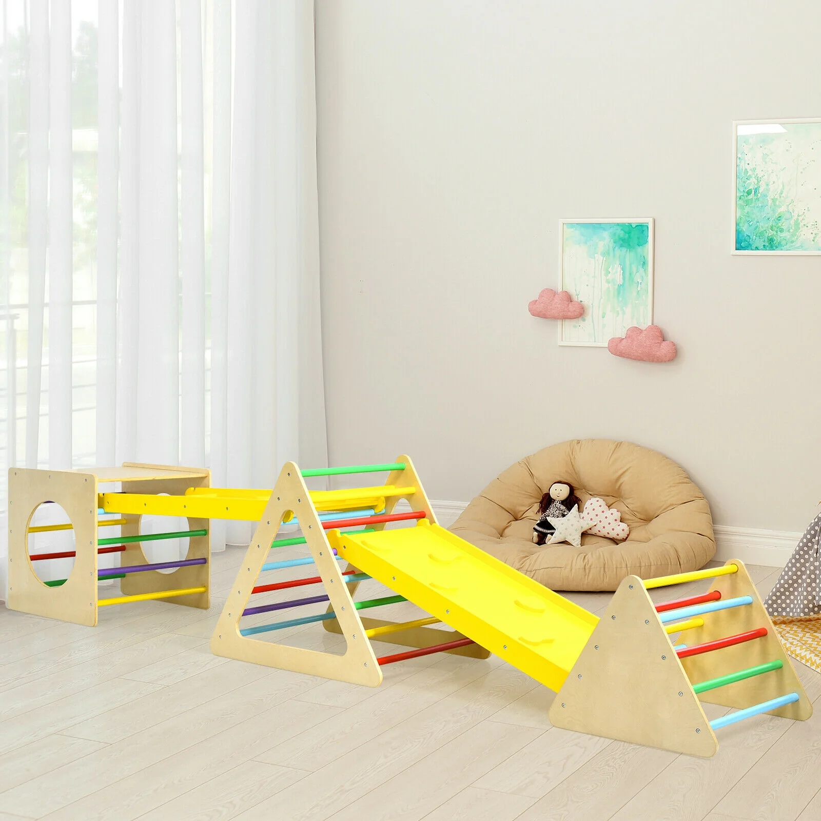 Kids Triangle Climber Play Gym Set, 2 Ramps, Natural - Image 2