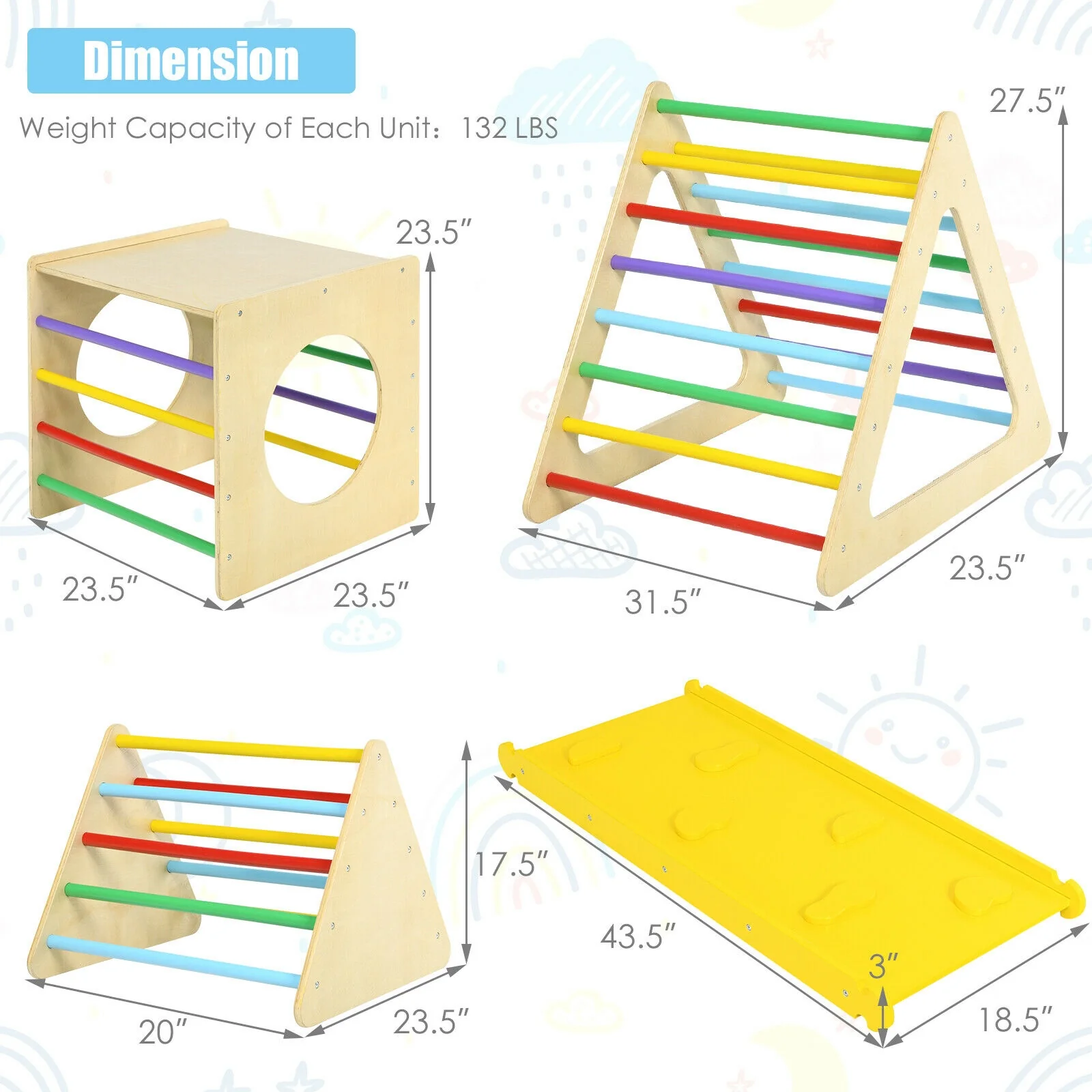 Kids Triangle Climber Play Gym Set, 2 Ramps, Natural - Image 5