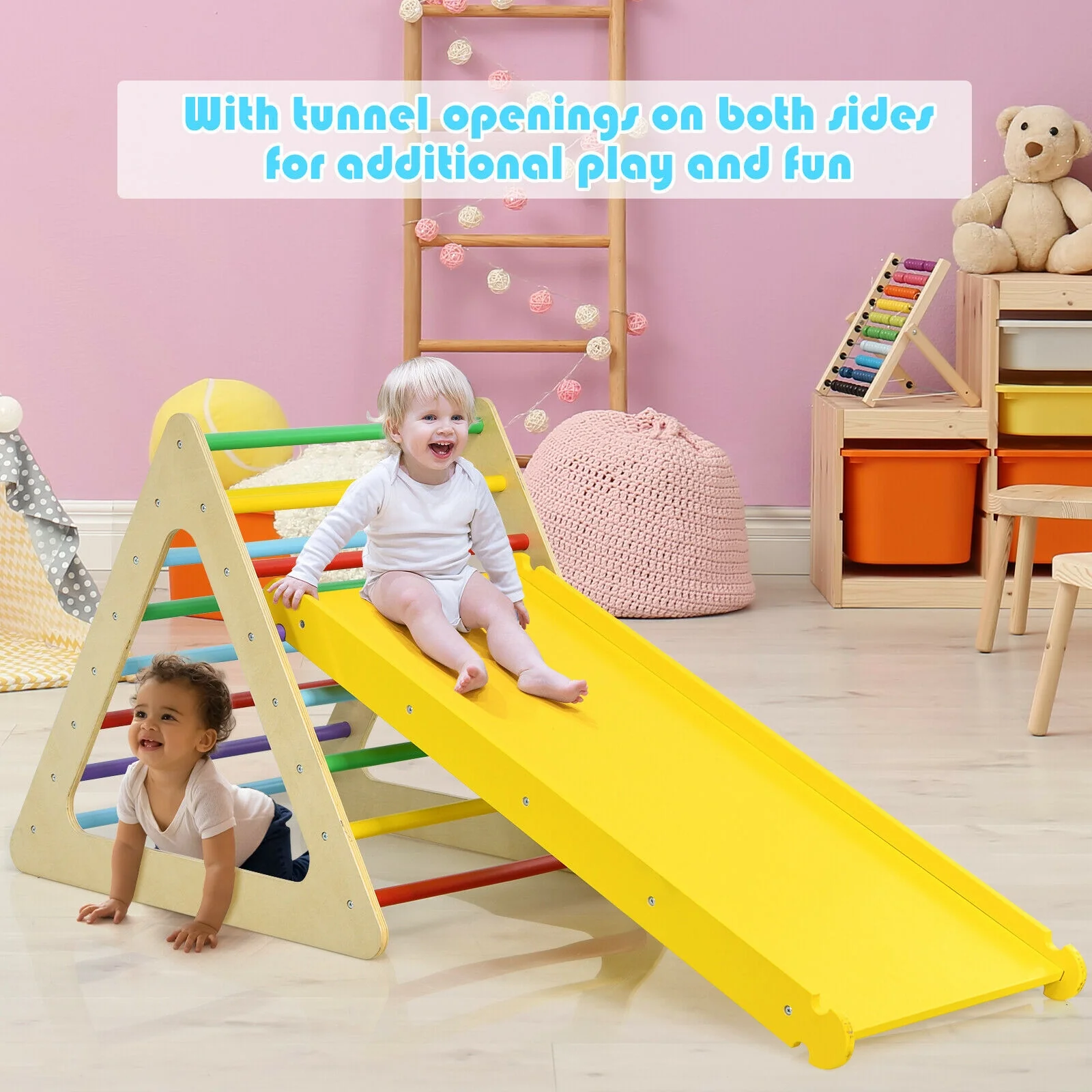 Kids Triangle Climber Play Gym Set, 2 Ramps, Natural - Image 8
