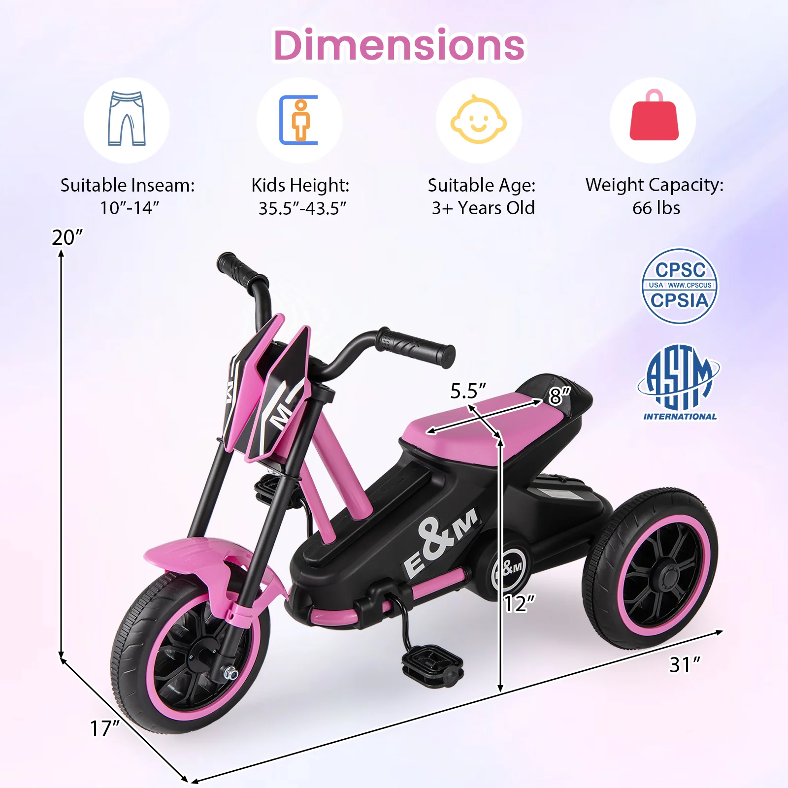 Kids Tricycle 3-Wheel Toddler Bike with Foot Pedals Forward Backward, Pink - Image 6