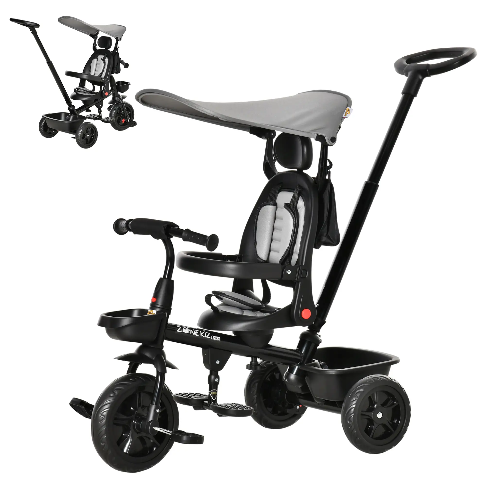 Kids Tricycle, 4 In 1 Trike, Adjustable Seat, Removable Canopy, Grey - Image 11