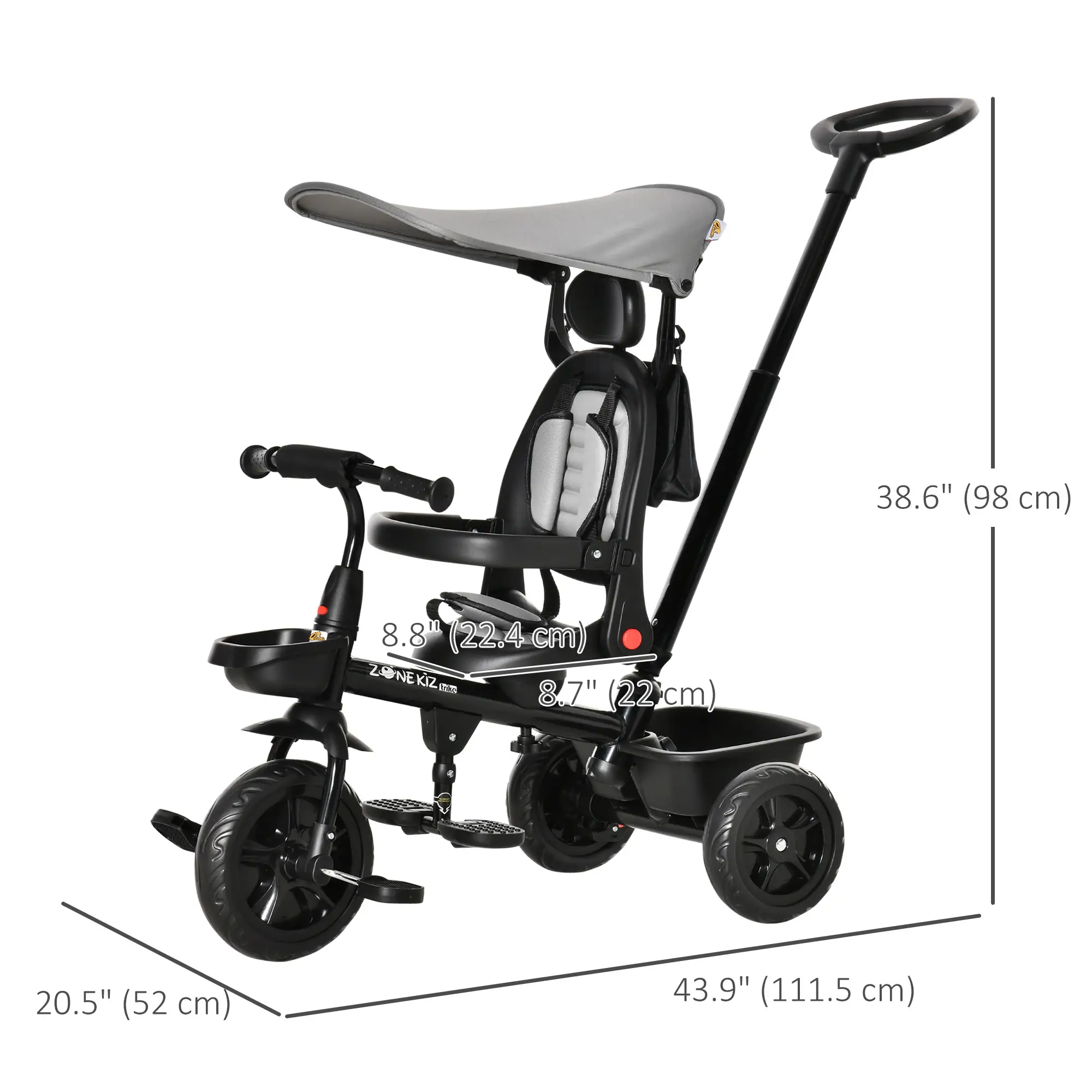 Kids Tricycle, 4 In 1 Trike, Adjustable Seat, Removable Canopy, Grey - Image 3