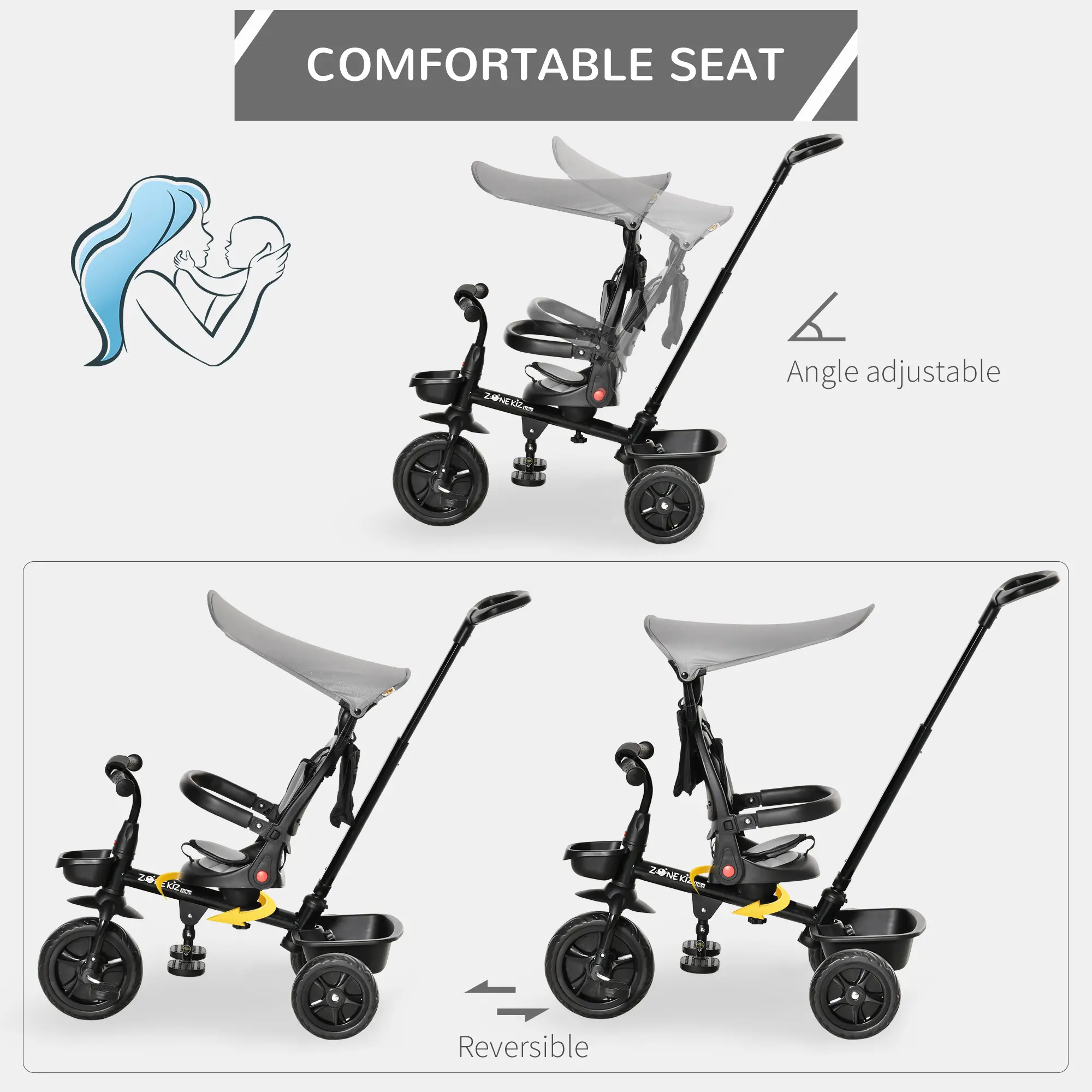 Kids Tricycle, 4 In 1 Trike, Adjustable Seat, Removable Canopy, Grey - Image 5