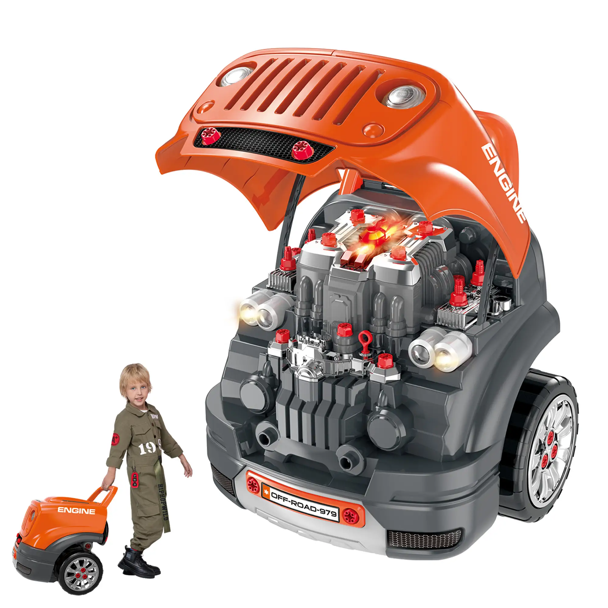 Kids Truck Engine Toys, Construction Educational Repair Car Tool Set with Light and Sound, Orange