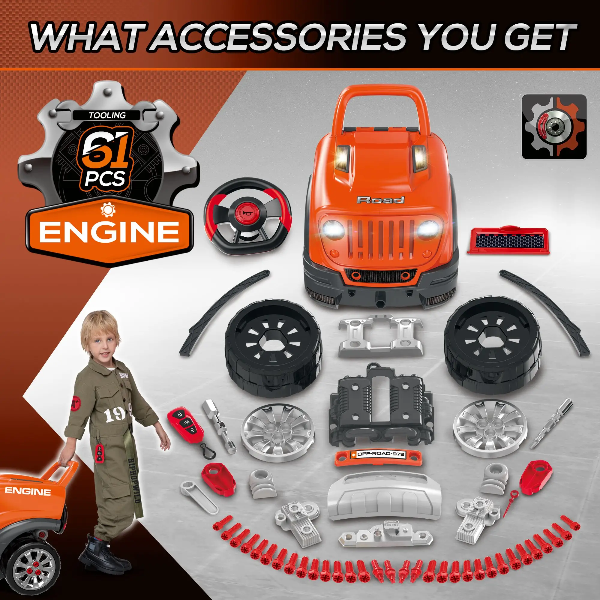Kids Truck Engine Toys, Construction Educational Repair Car Tool Set with Light and Sound, Orange - Image 5