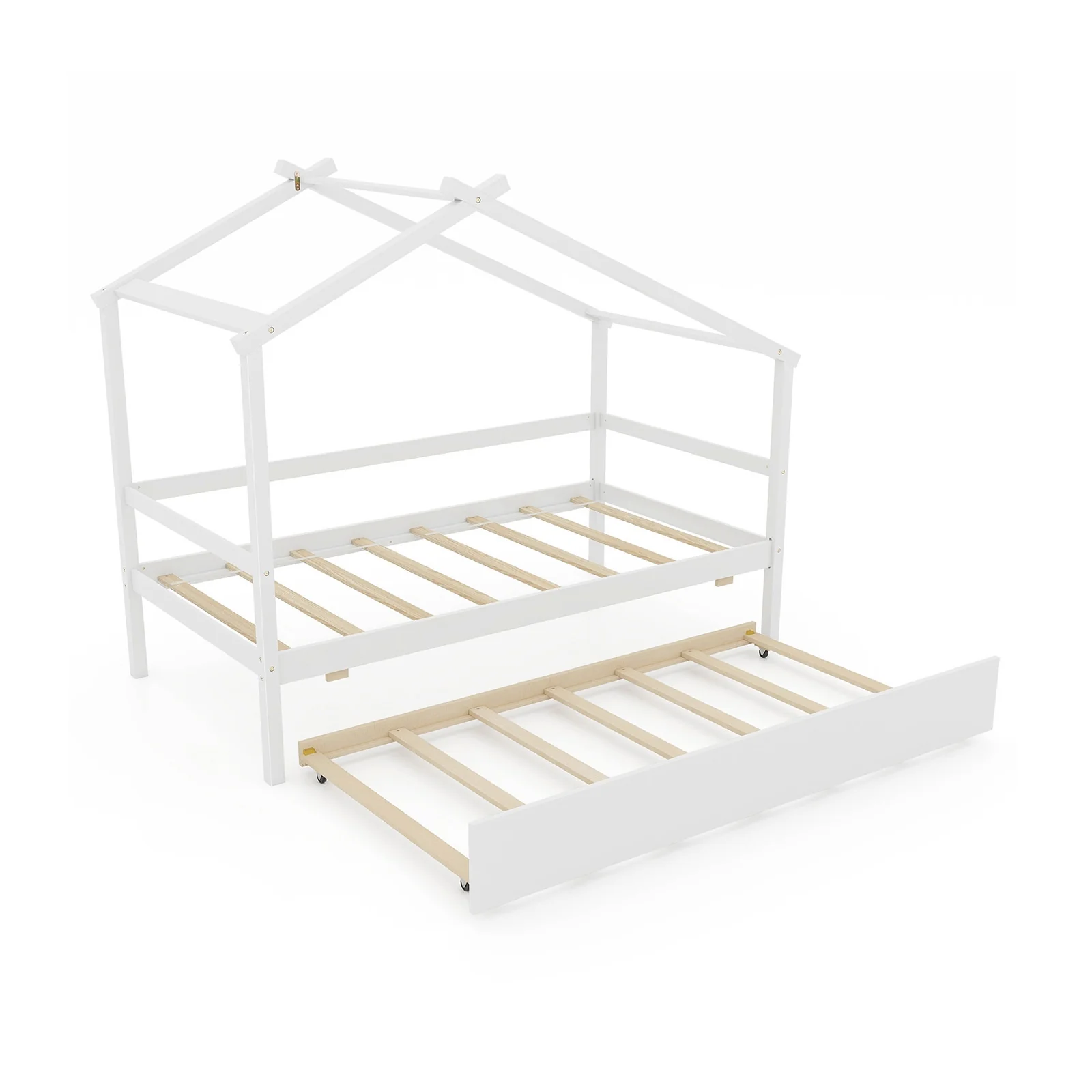 Kids Twin Size House Bed With Trundle And Roof, White